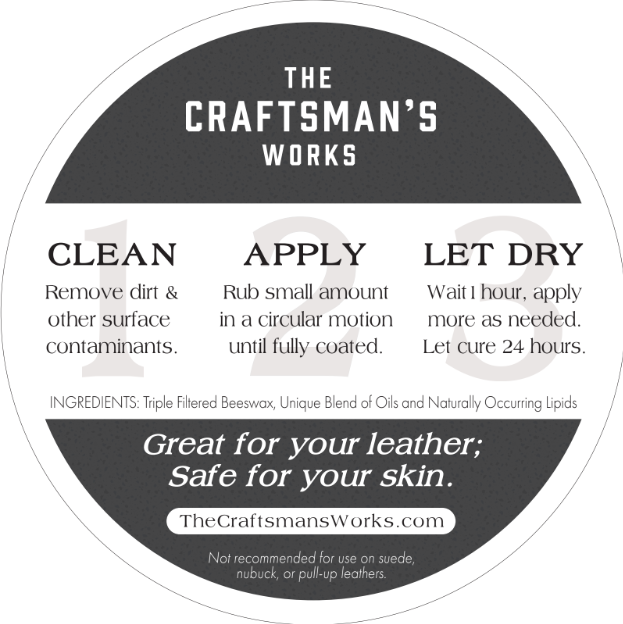 Back label of the glove salve tin. Explaining how to apply glove salve.