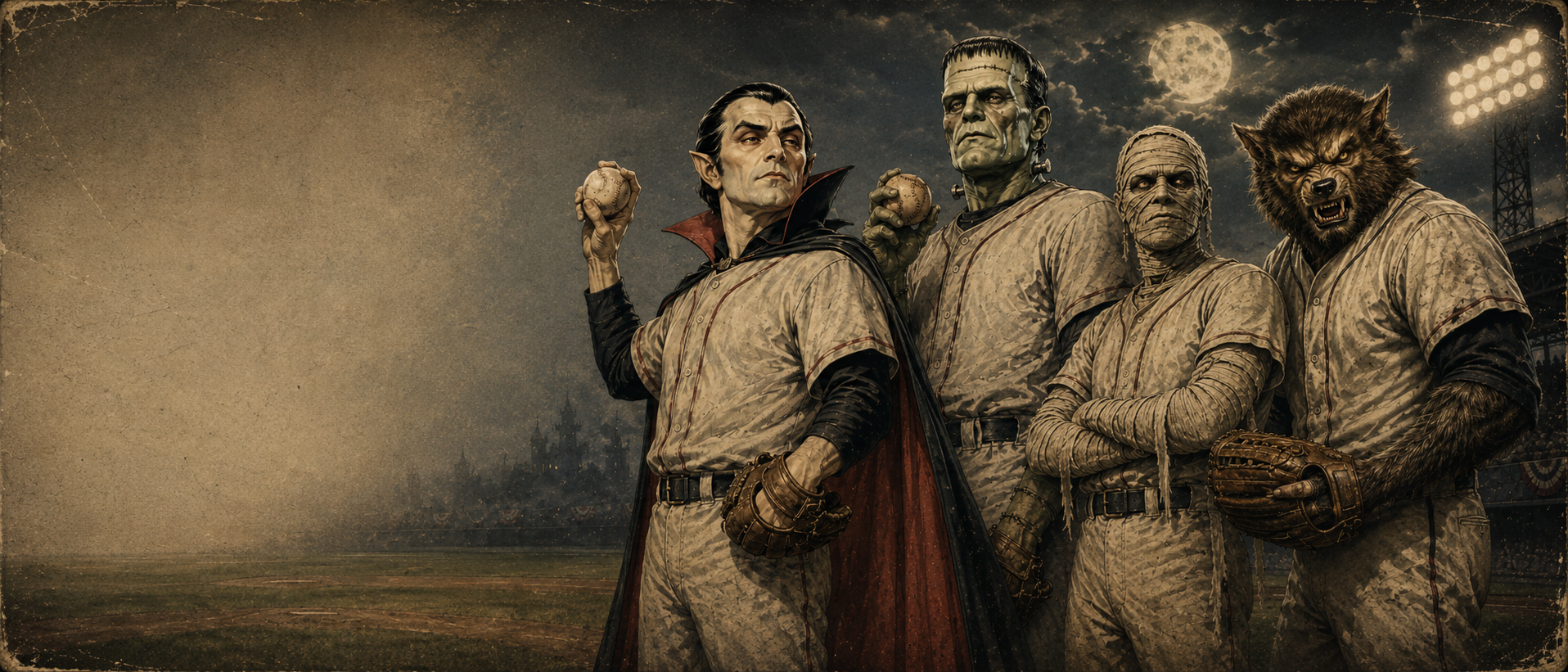 A stylized, sepia-toned illustration of five horror-themed baseball players standing on a field under a full moon and stadium lights. The characters include a vampire in a red cape, Frankenstein's monster, a zombie, a masked figure, and a werewolf, all wearing dirty baseball uniforms.