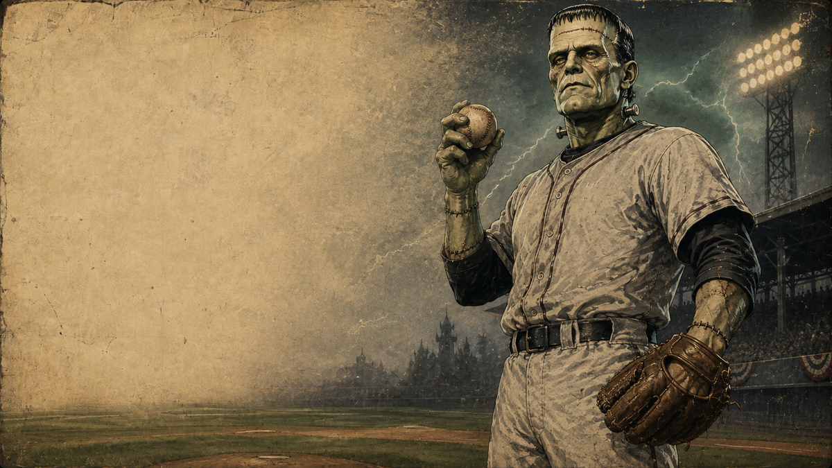 A stylized illustration of a baseball player resembling Frankenstein's monster, wearing a vintage uniform and holding a baseball on a field, with lightning and stadium lights in the background.