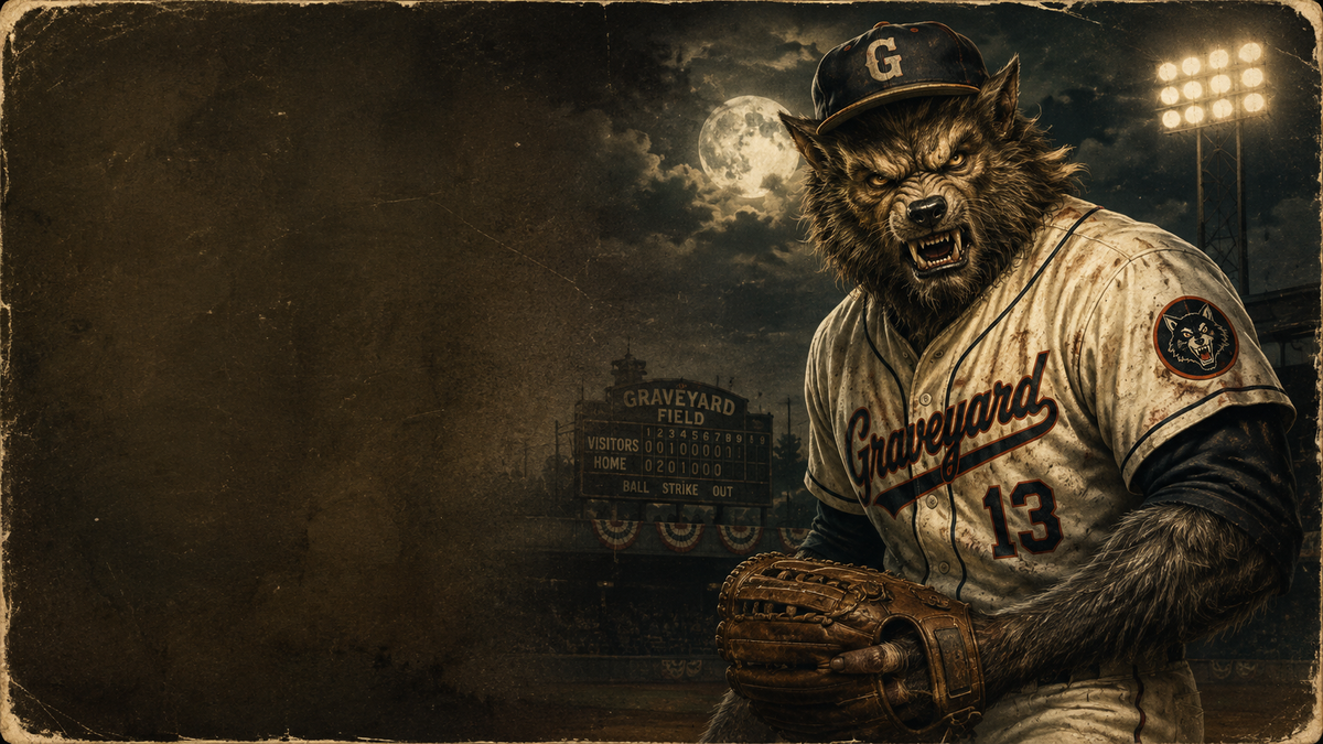 A stylized baseball player mascot with a wolf head and fur, wearing a gray uniform with 'Graveyard' and number 13, posed at a baseball stadium under a full moon and stadium lights.