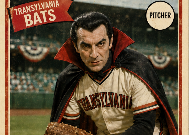A vintage-style baseball trading card featuring Count Dracula as a Transylvania Bats pitcher. The card shows Dracula in a cream uniform with a black cape lined with red, crouching on a baseball field.