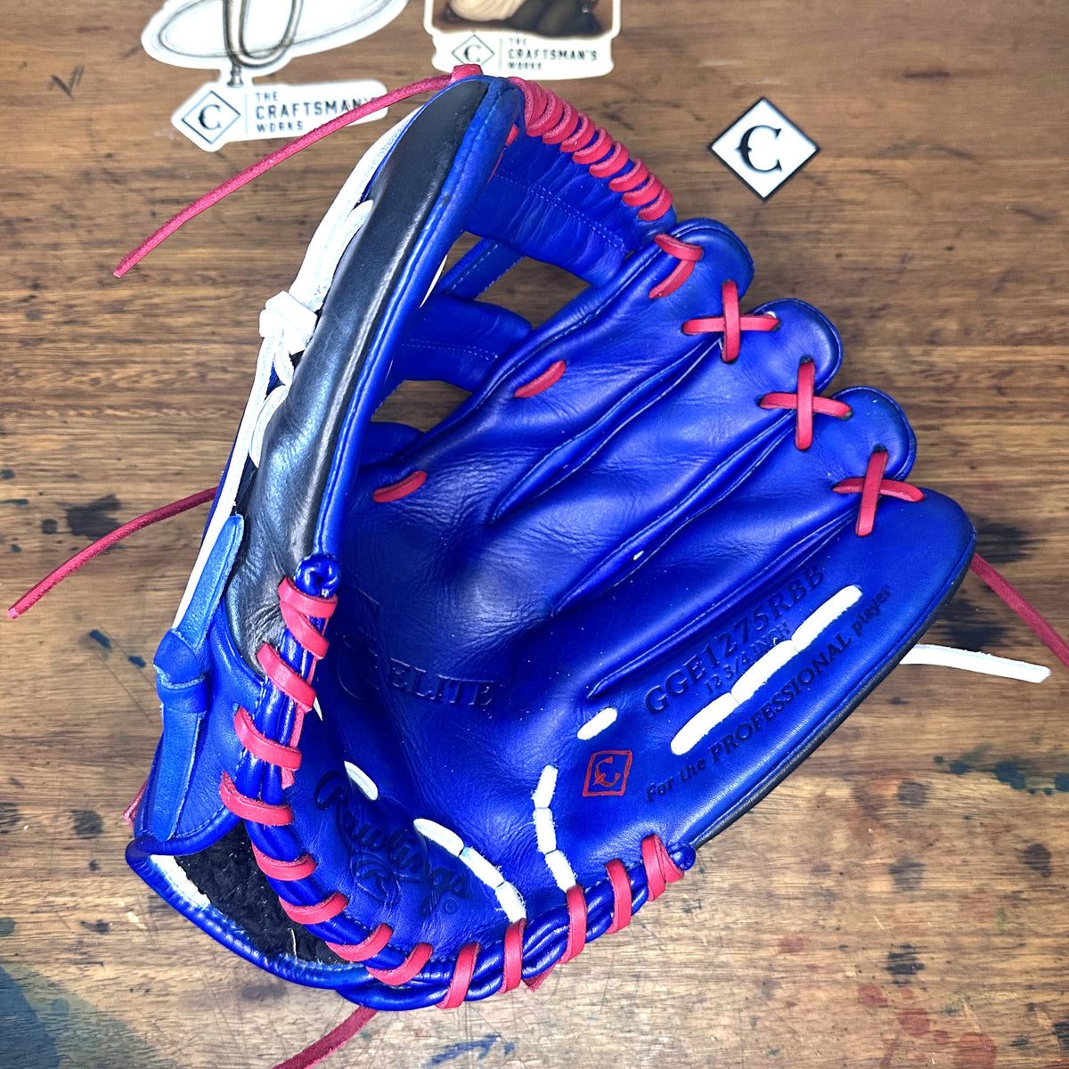 Fanatics Fest Royal custom Rawlings GGE1275RBB 12.75-inch outfield glove restored in royal blue with red and white laces