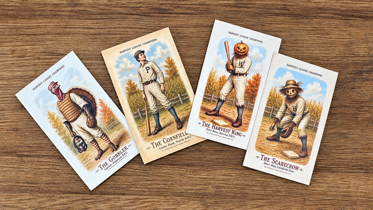 Four vintage baseball-themed trading cards are arranged on a wooden tabletop. The cards feature illustrated baseball players with humorous names like 'The Gobbler,' 'The Cornfield Kid,' 'The Harvest King,' and 'The Scarecrow,' each wearing different baseball outfits and accessories.