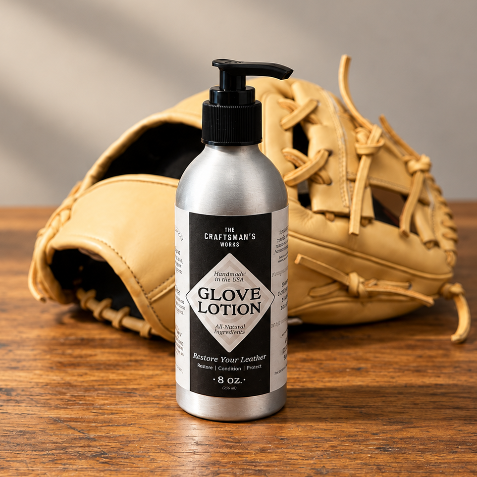 A bottle of Glove Lotion from The Craftsman's Works against a background of a tan baseball glove and a rustic wooden table.