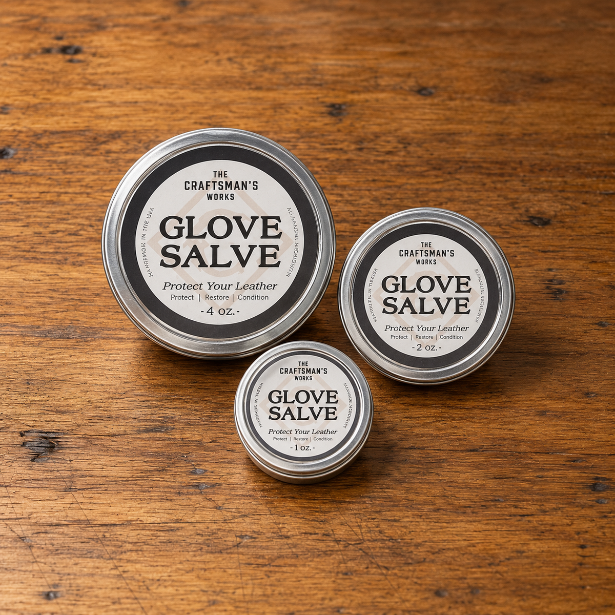 All three sizes of Glove Salve, a premium baseball and softball glove conditioner and protectant from The Craftsman's Works