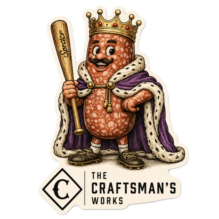 A die-cut sticker or decal featuring a cartoon king character made from a sausage or meatball, wearing a gold crown and purple robe with white fur trim, holding a bat labeled 'SweeTSP'. Below the character is the text 'THE CRAFTSMAN'S WORKS' with a circular C logo.