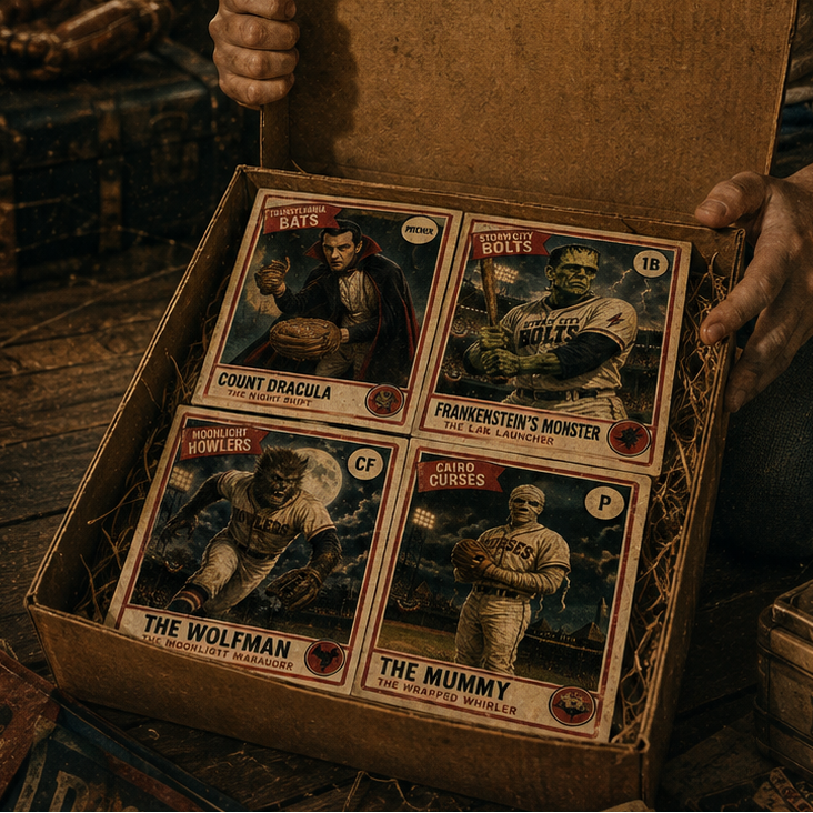 A young boy in a dusty attic room holds open a cardboard box containing vintage baseball trading cards. The room is filled with old baseball equipment, crates, and framed posters, lit by warm, dim light filtering through a window.