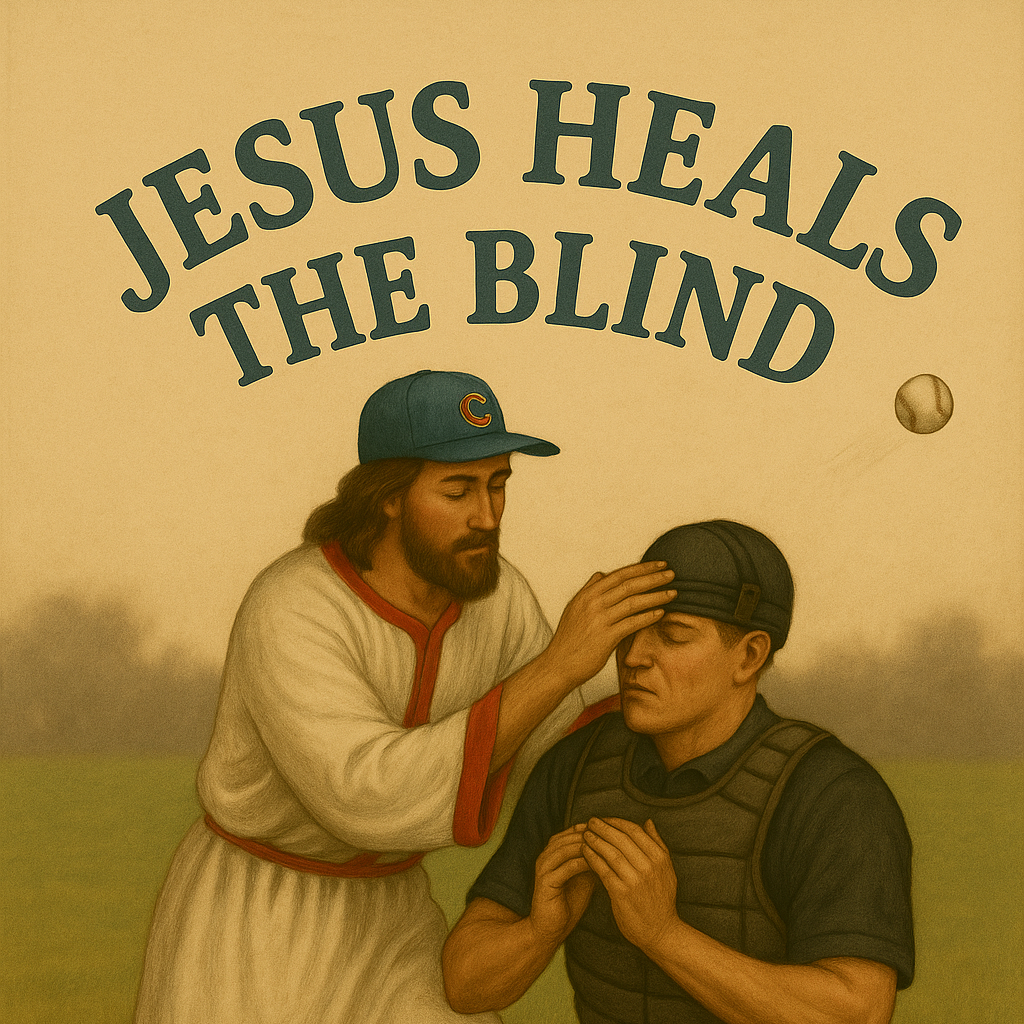 Illustration of Jesus healing a baseball player on a field with text 'Jesus Heals The Blind'.