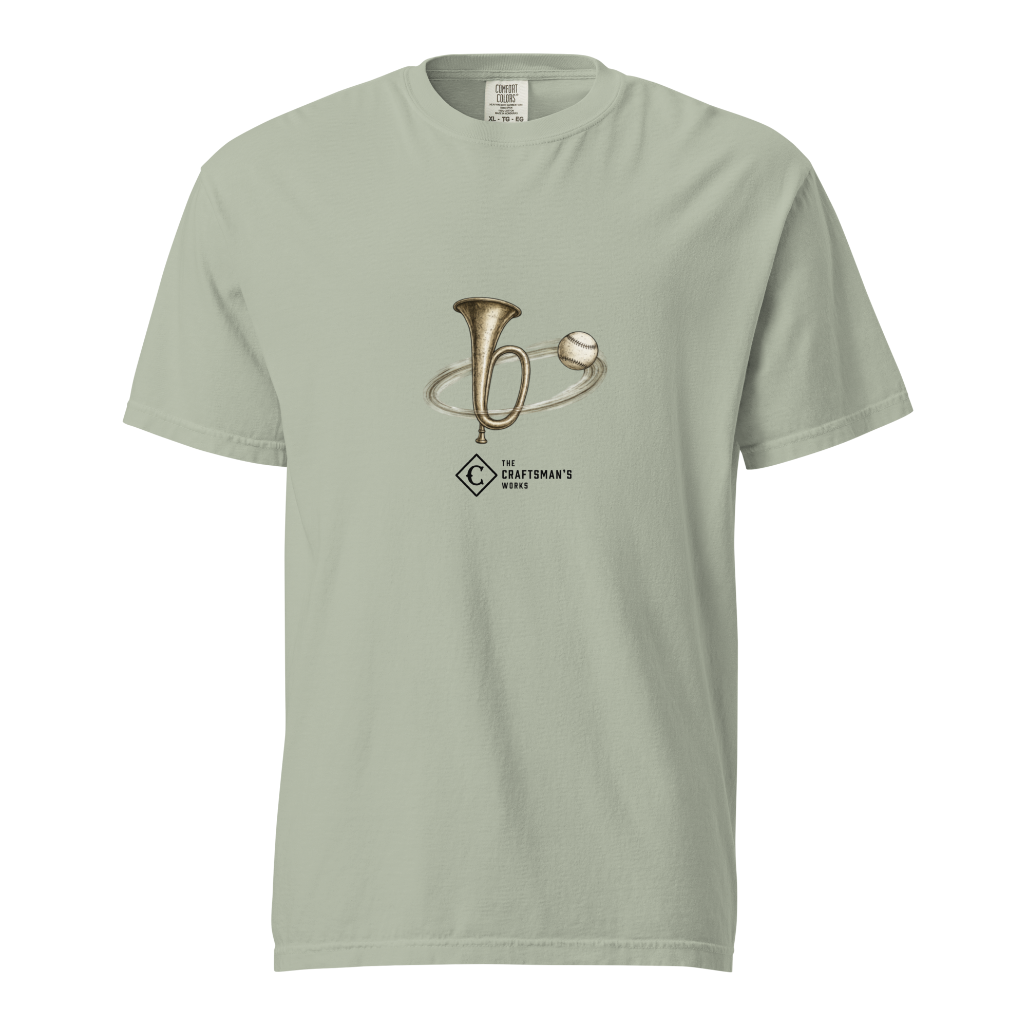 Around the Horn Baseball Lexicon shirt printed on a Bay Comfort Colors t-shirt featuring vintage baseball-inspired artwork of a baseball moving around a horn.