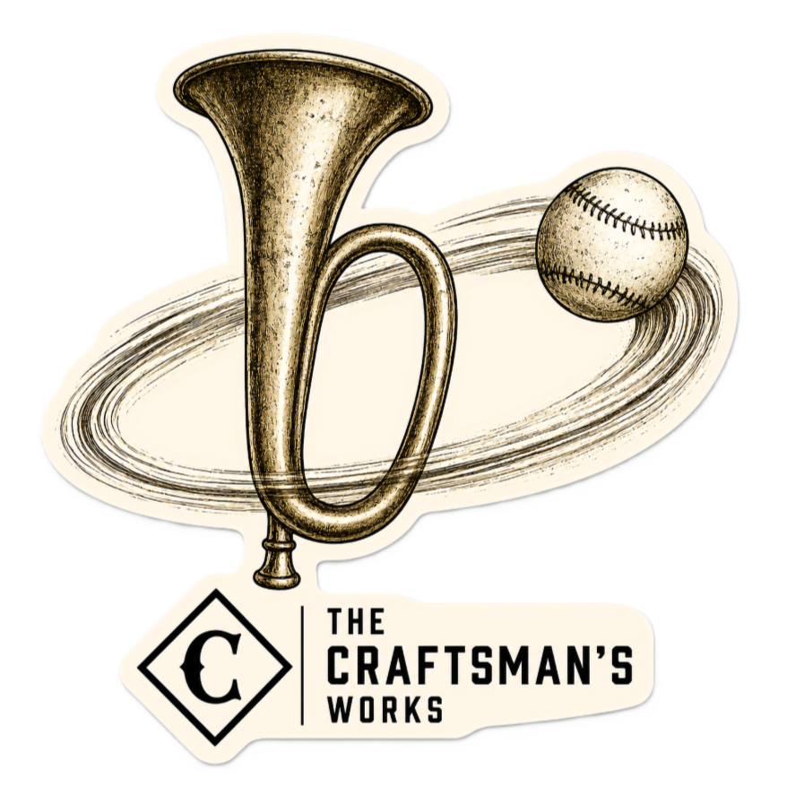 A die-cut sticker featuring a vintage-style illustration of a brass bell-shaped instrument and a baseball on a ring, with the text 'THE CRAFTSMAN'S WORKS' below on a white background.