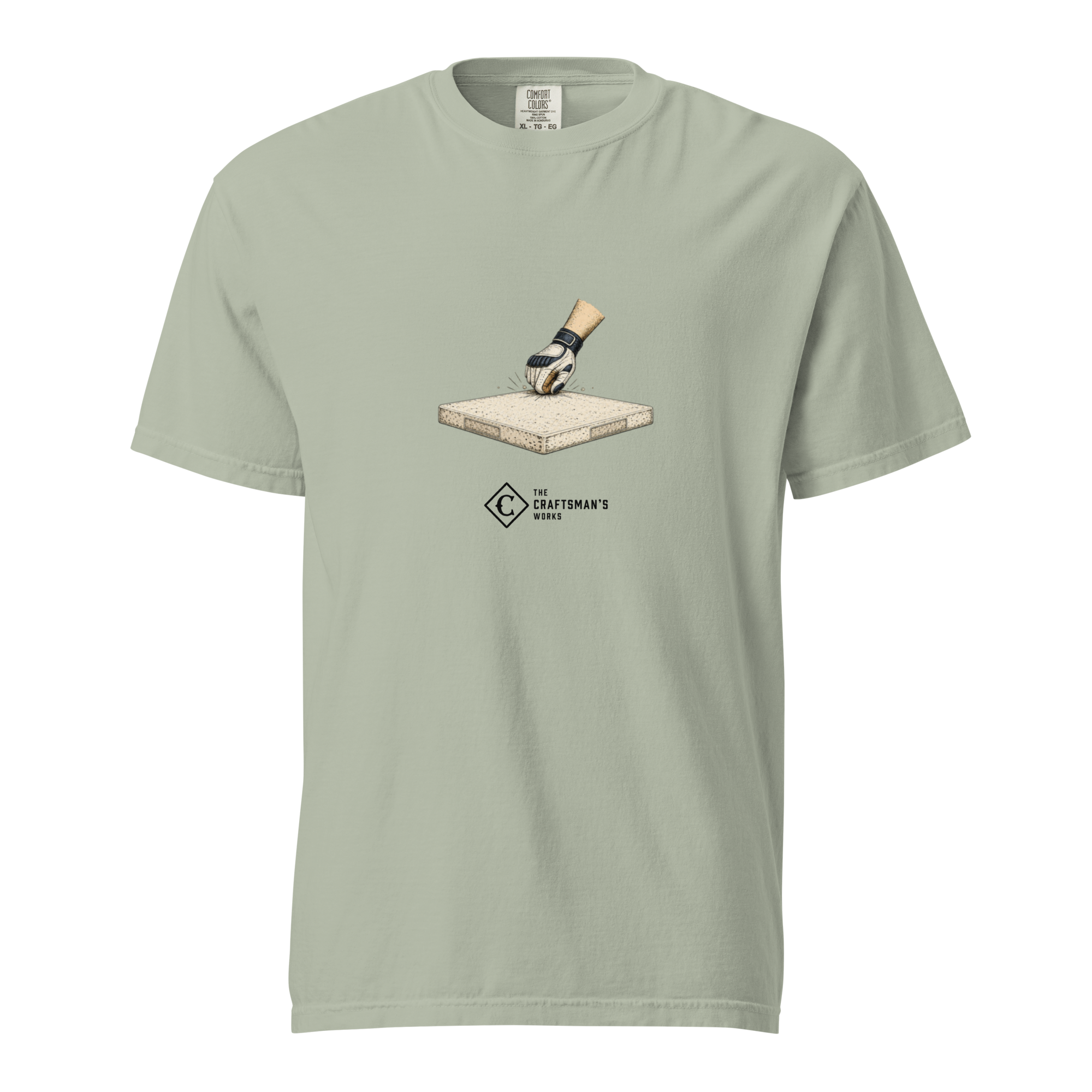 Base Knock Baseball Lexicon shirt printed on a Bay Comfort Colors t-shirt featuring vintage baseball-inspired artwork of a hand knocking on a baseball base.