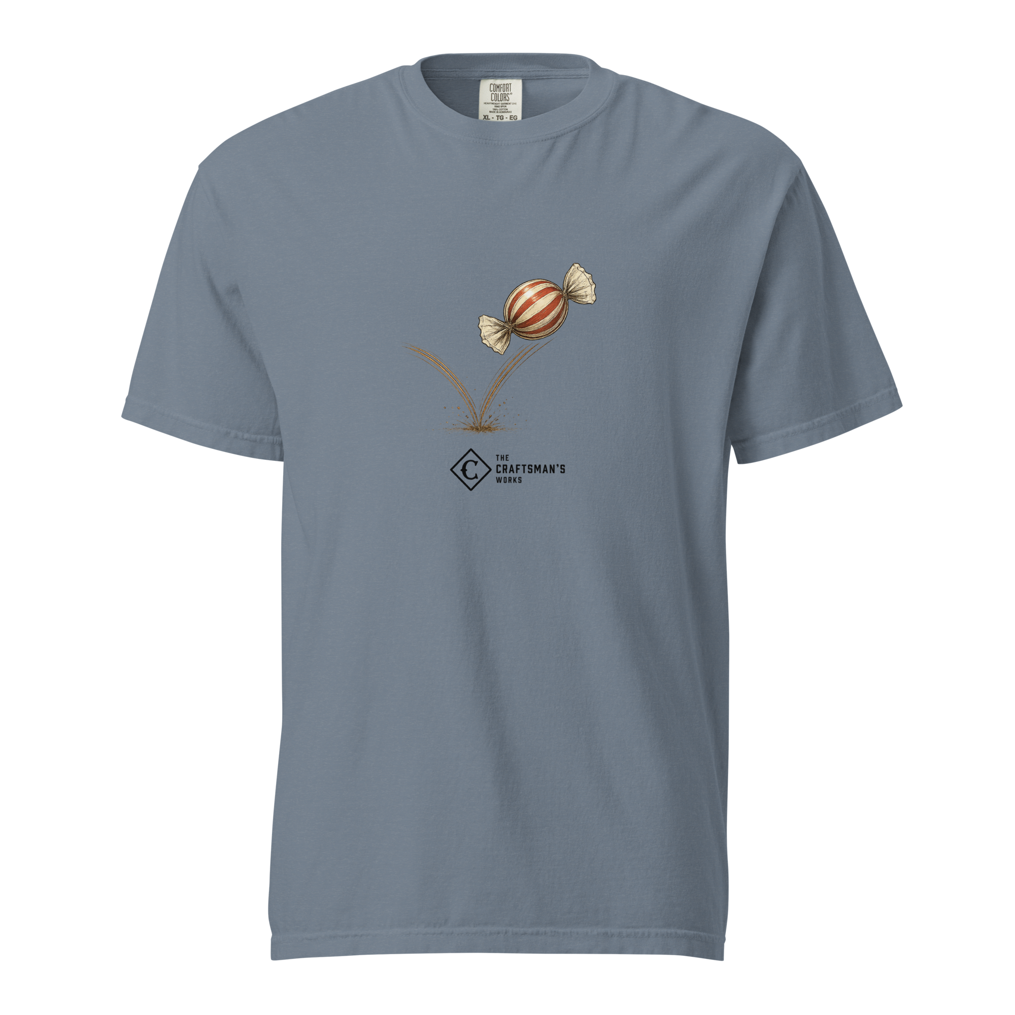 Candy Hop Baseball Lexicon shirt printed on a Blue Jean Comfort Colors t-shirt featuring a piece of candy taking a perfect hop.