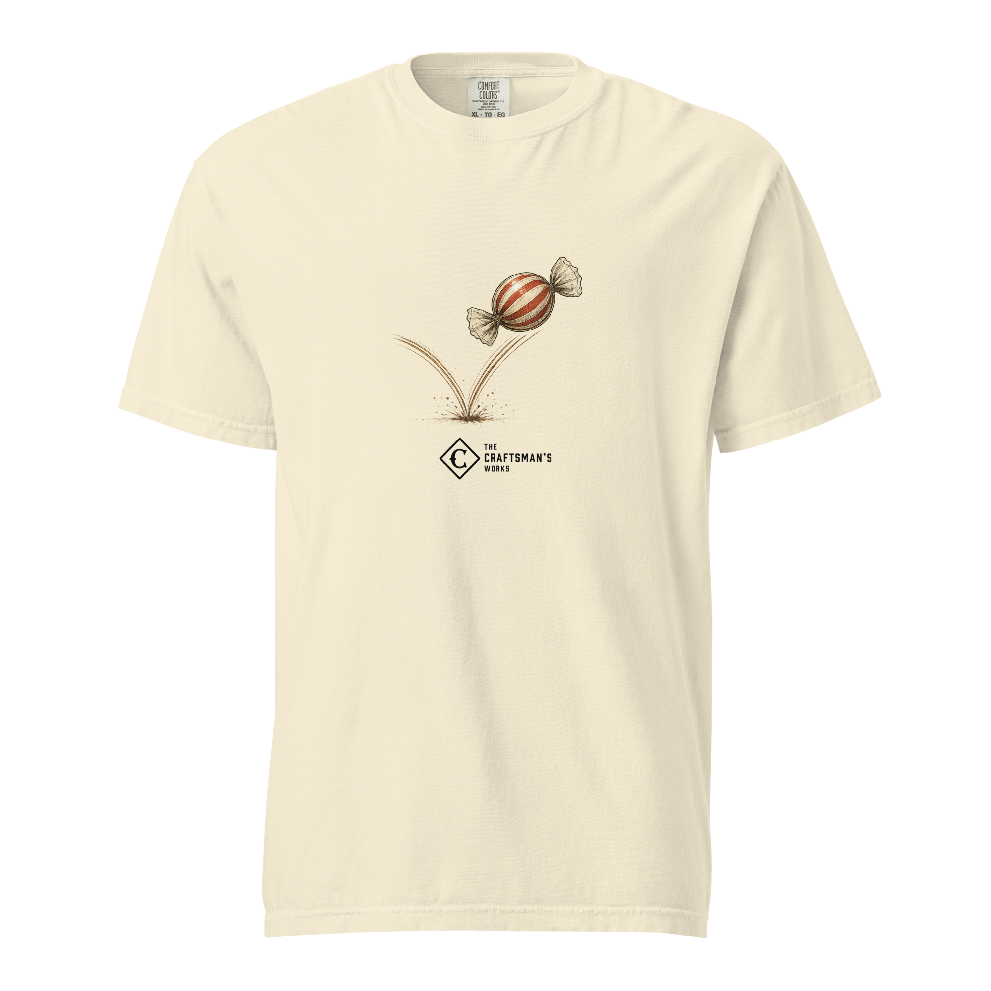 Candy Hop Baseball Lexicon shirt printed on an Ivory Comfort Colors t-shirt featuring a piece of wrapped candy bouncing across the infield.