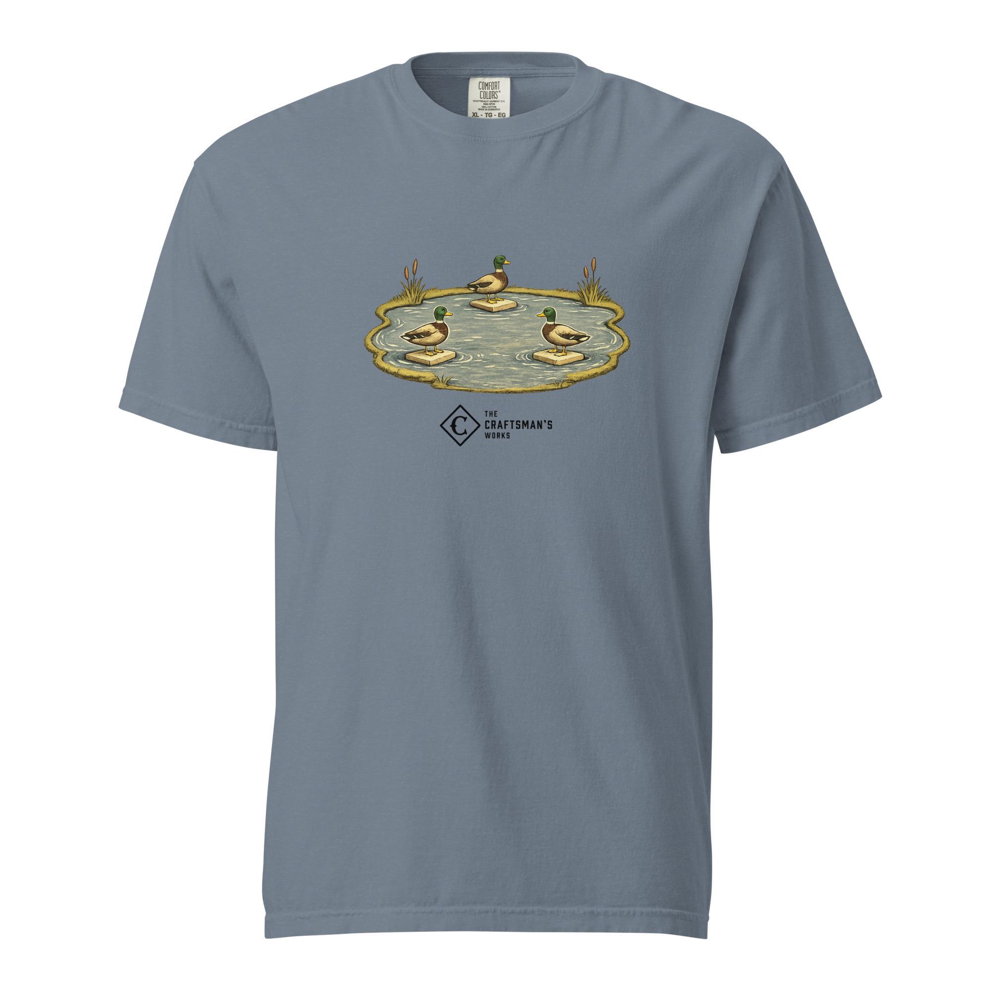 Ducks on the Pond Baseball Lexicon shirt printed on a Blue Jean Comfort Colors t-shirt featuring three ducks representing runners on base.