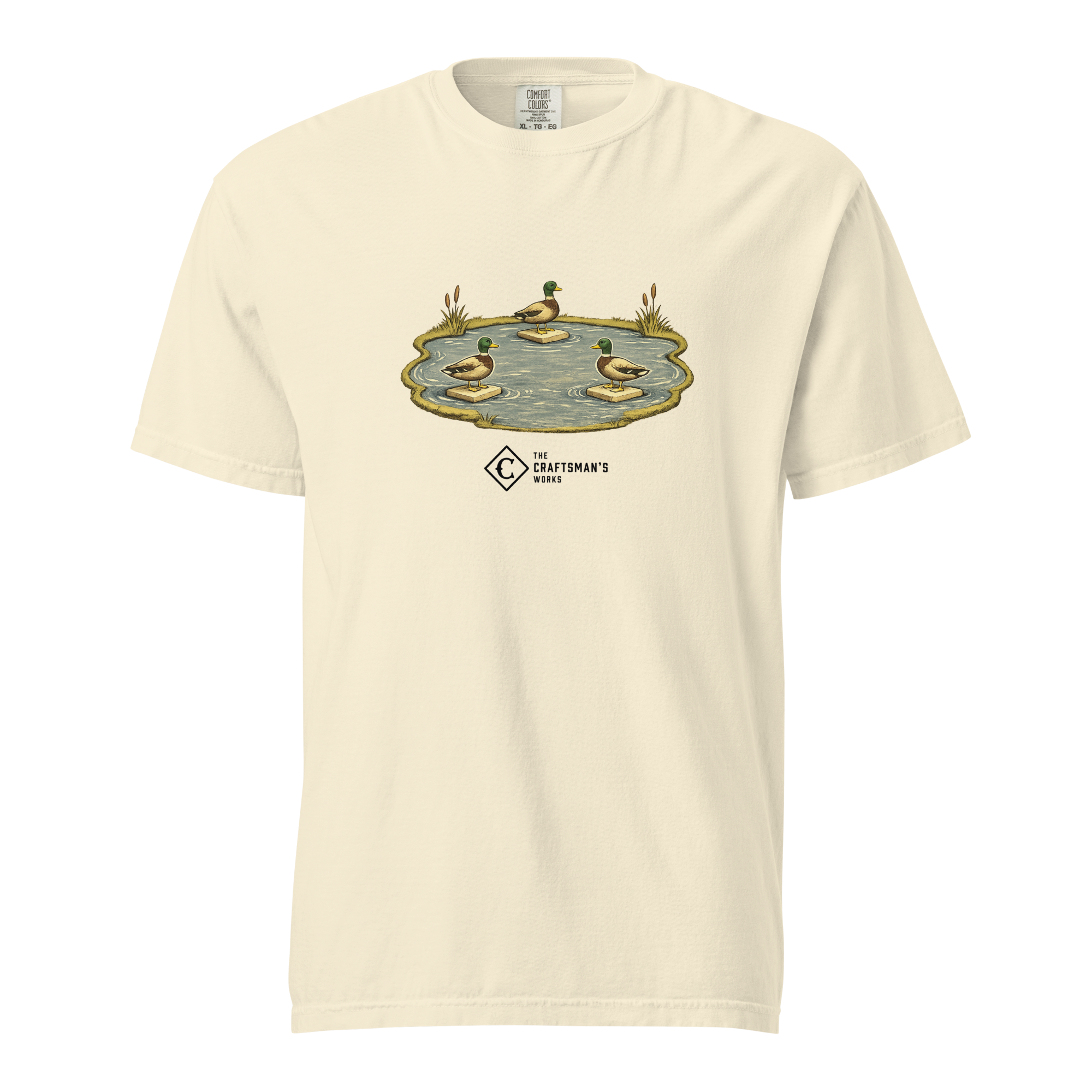 Ducks on the Pond Baseball Lexicon shirt printed on an Ivory Comfort Colors t-shirt featuring vintage baseball-inspired artwork of ducks on a pond.