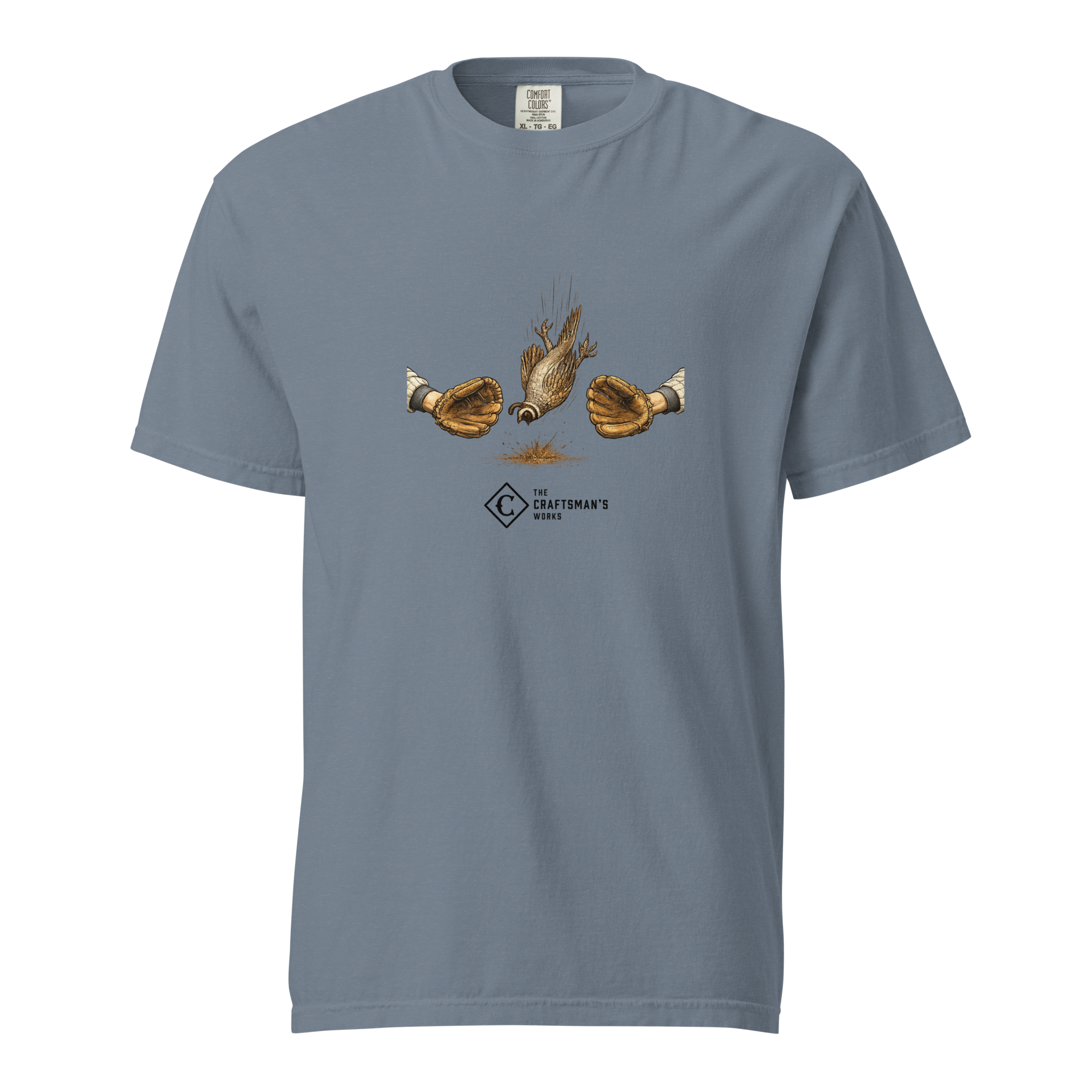 Dying Quail Baseball Lexicon shirt printed on a Blue Jean Comfort Colors t-shirt featuring a falling quail between two gloves.