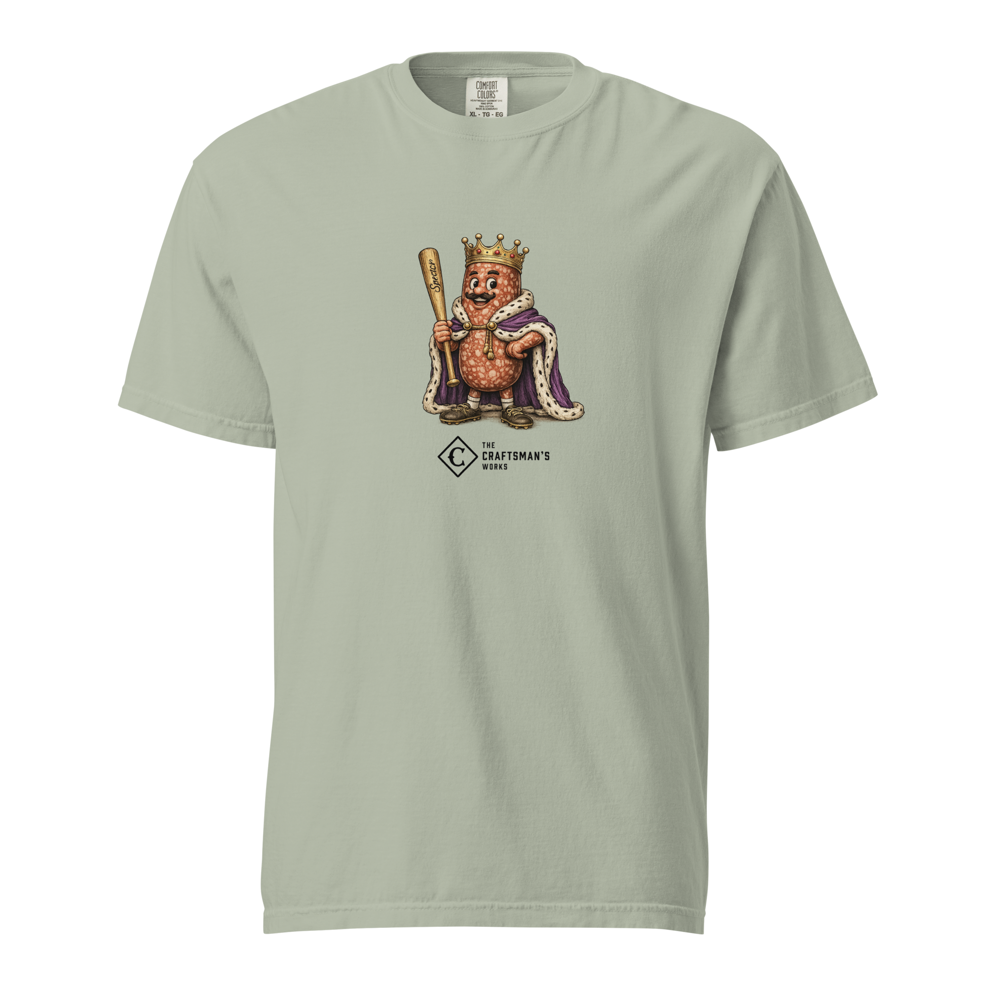 Grand Salami Baseball Lexicon shirt printed on a Bay Comfort Colors t-shirt featuring vintage baseball-inspired artwork of a crowned salami king.