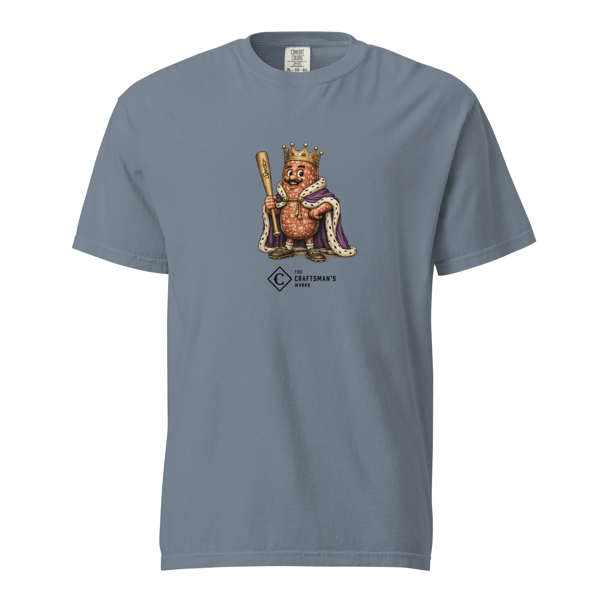 Grand Salami Baseball Lexicon shirt printed on a Blue Jean Comfort Colors t-shirt featuring a royal salami king holding a baseball bat.
