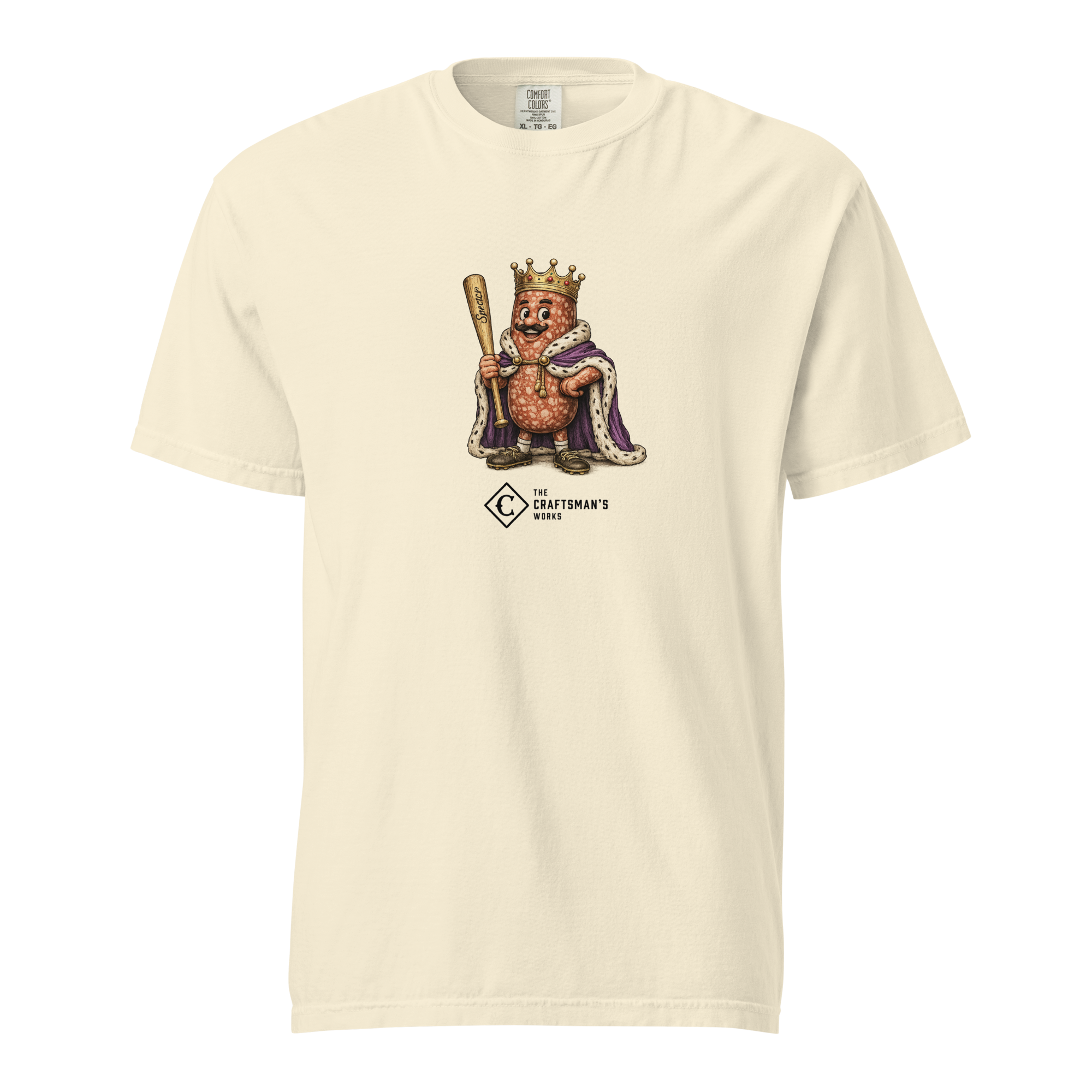Grand Salami Baseball Lexicon shirt printed on an Ivory Comfort Colors t-shirt featuring a regal salami king with a crown, mantle, and baseball bat scepter.