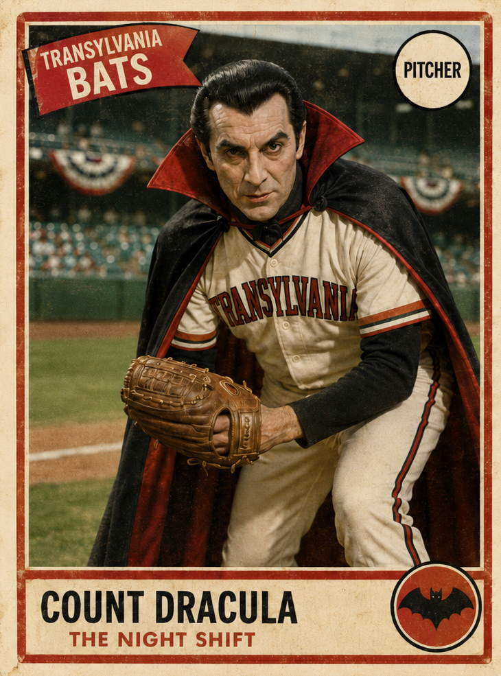 A vintage-style collectible baseball trading card featuring Count Dracula as a Transylvania 'Bats' pitcher. The card has a distressed, retro aesthetic with a cream background, red borders, and a photo of Dracula in a cream and black uniform with a red cape on a baseball field background.