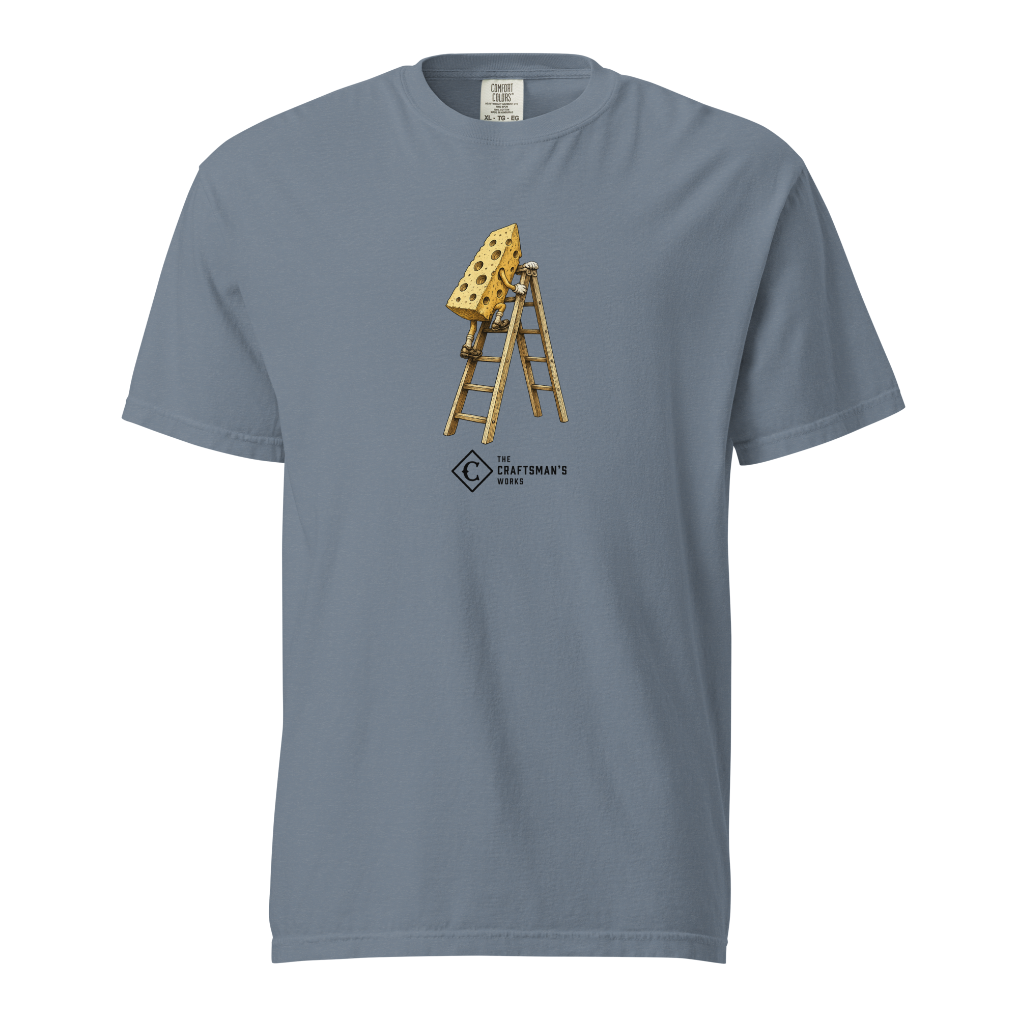 High Cheese Baseball Lexicon shirt printed on a Blue Jean Comfort Colors t-shirt featuring a wedge of cheese climbing a ladder.