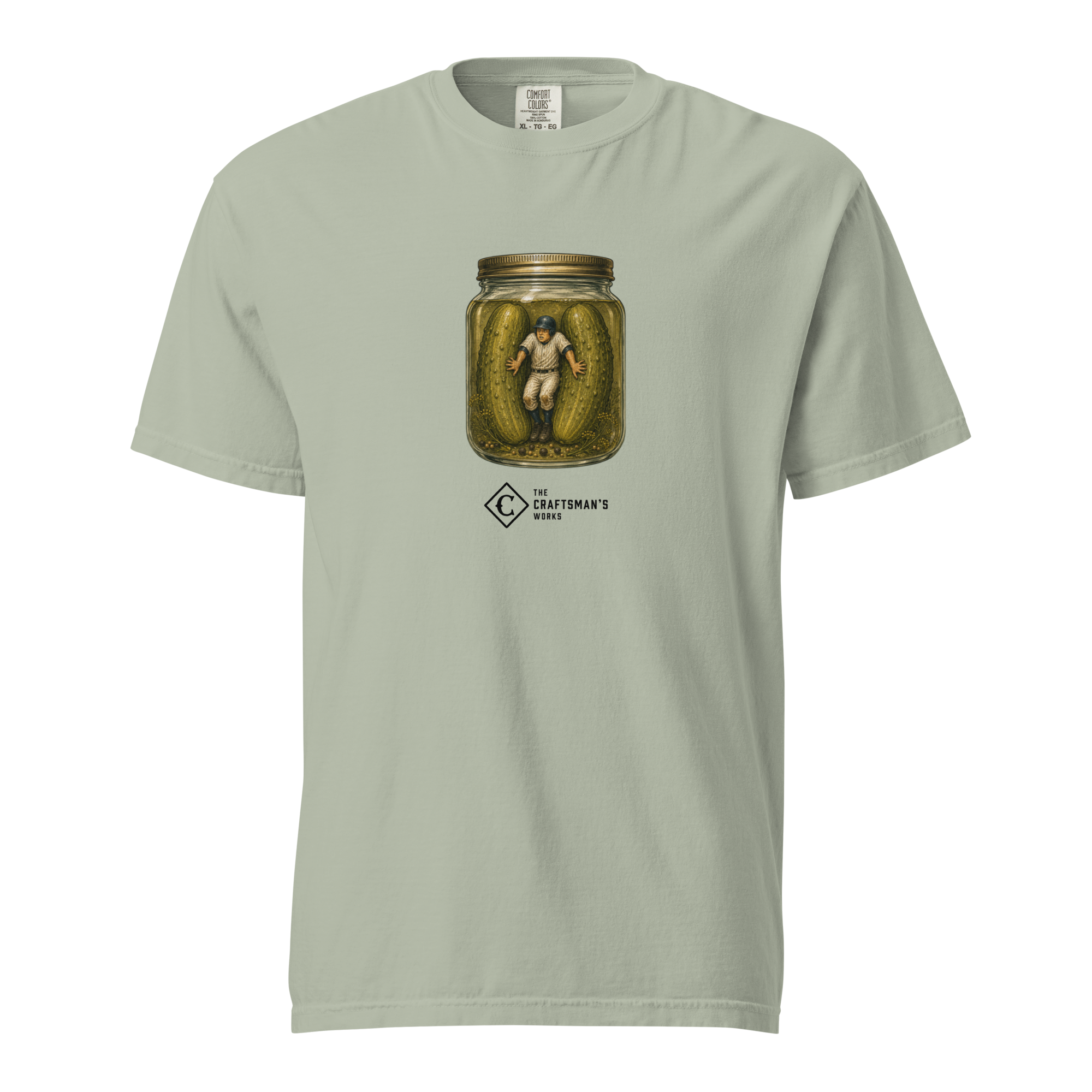 In a Pickle Baseball Lexicon shirt printed on a Bay Comfort Colors t-shirt featuring vintage baseball-inspired artwork of a runner caught in a pickle.