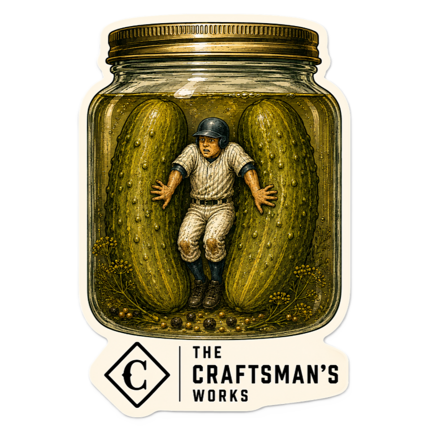 In a Pickle 5-inch premium die-cut vinyl collectible decal featuring an original baseball rundown illustration from The Craftsman's Works Baseball Lexicon Collection.