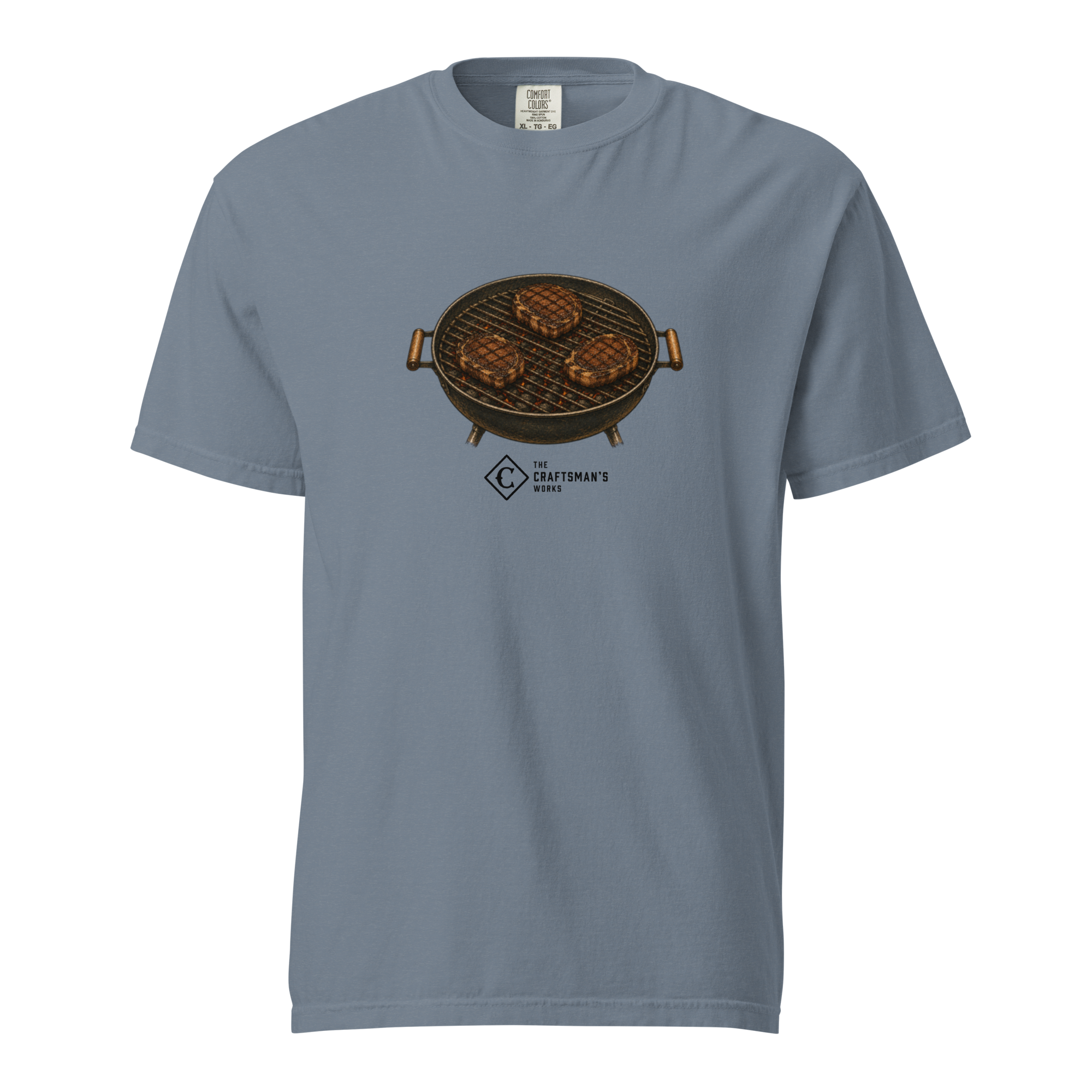 Ribeyes Baseball Lexicon shirt printed on a Blue Jean Comfort Colors t-shirt featuring three ribeye steaks representing runners on base.