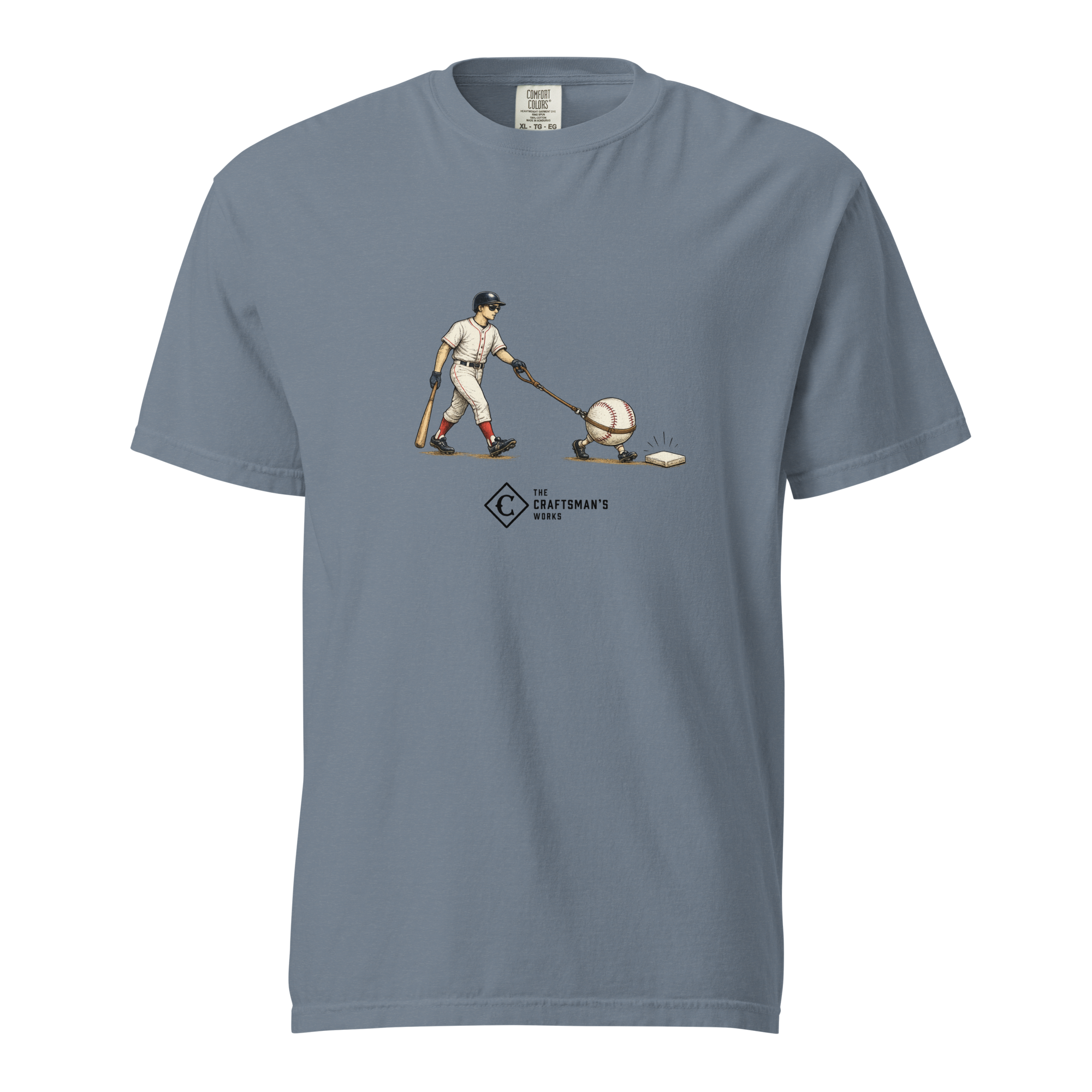 Seeing Eye Single Baseball Lexicon shirt printed on a Blue Jean Comfort Colors t-shirt featuring a batter guided by a baseball on a leash.