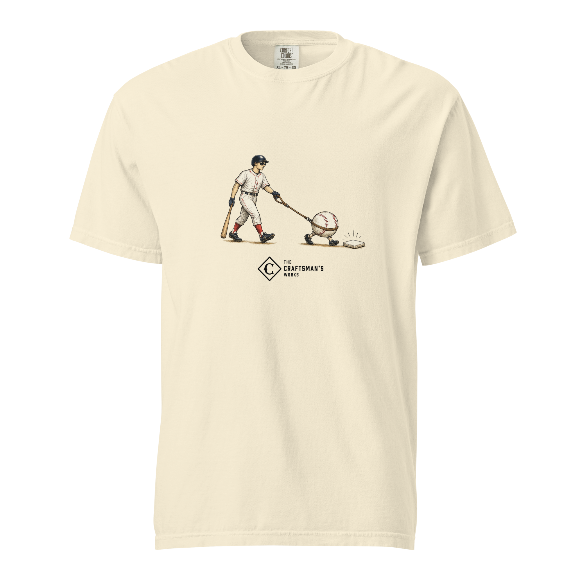 Seeing Eye Single Baseball Lexicon shirt printed on an Ivory Comfort Colors t-shirt featuring a batter wearing sunglasses and a baseball on a leash.