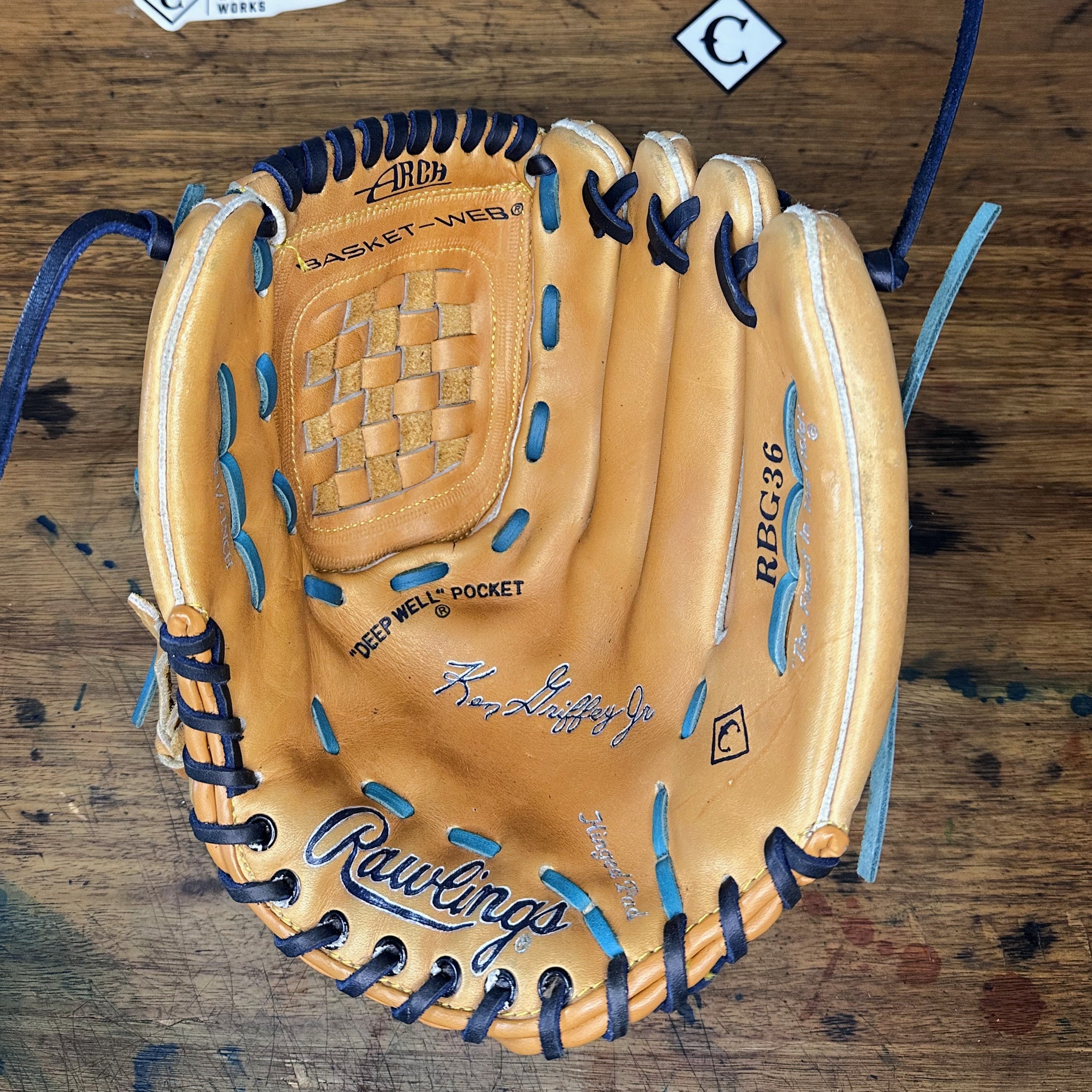 The Kid one-of-one custom vintage Rawlings RBG36 Ken Griffey Jr. glove painted navy and silver with teal and navy laces