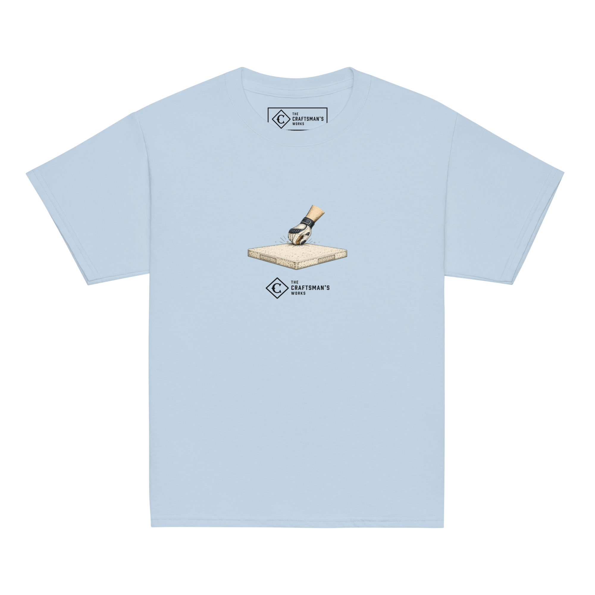 Youth Base Knock baseball shirt in light blue from The Baseball Lexicon Collection