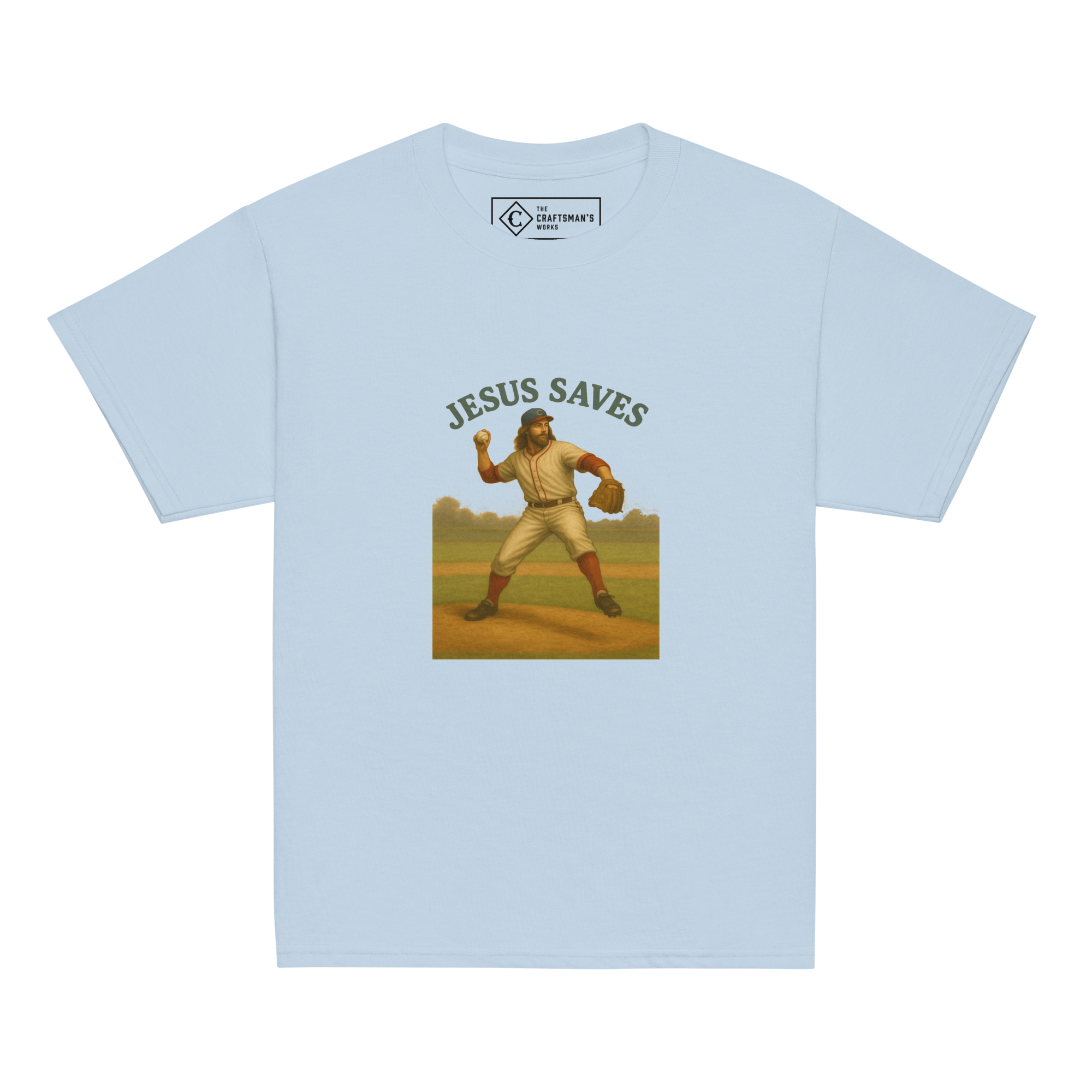 Youth Jesus Saves baseball shirt in light blue featuring Jesus pitching from The Craftsman’s Works