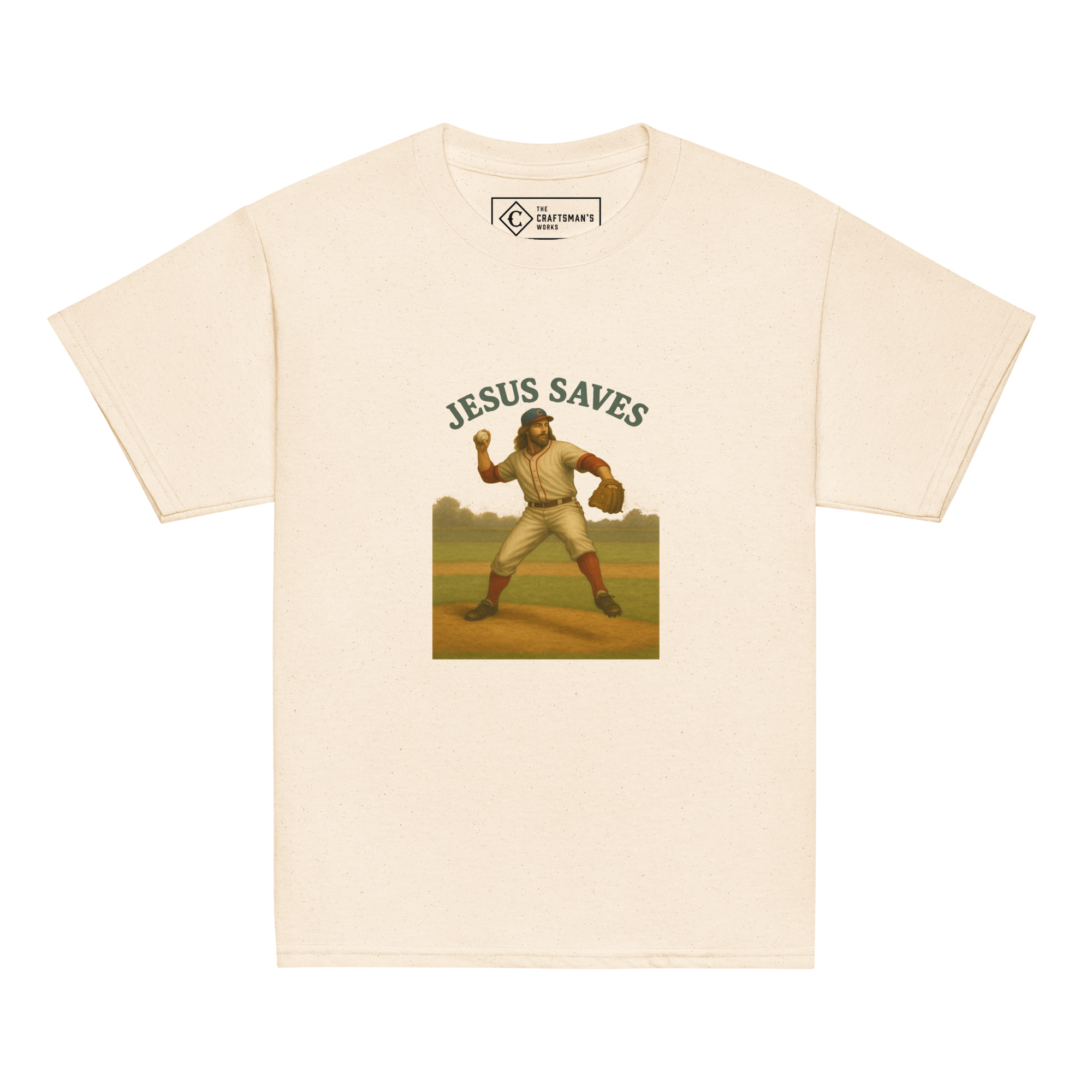 Youth Jesus Saves baseball shirt in natural featuring Jesus pitching from The Craftsman’s Works