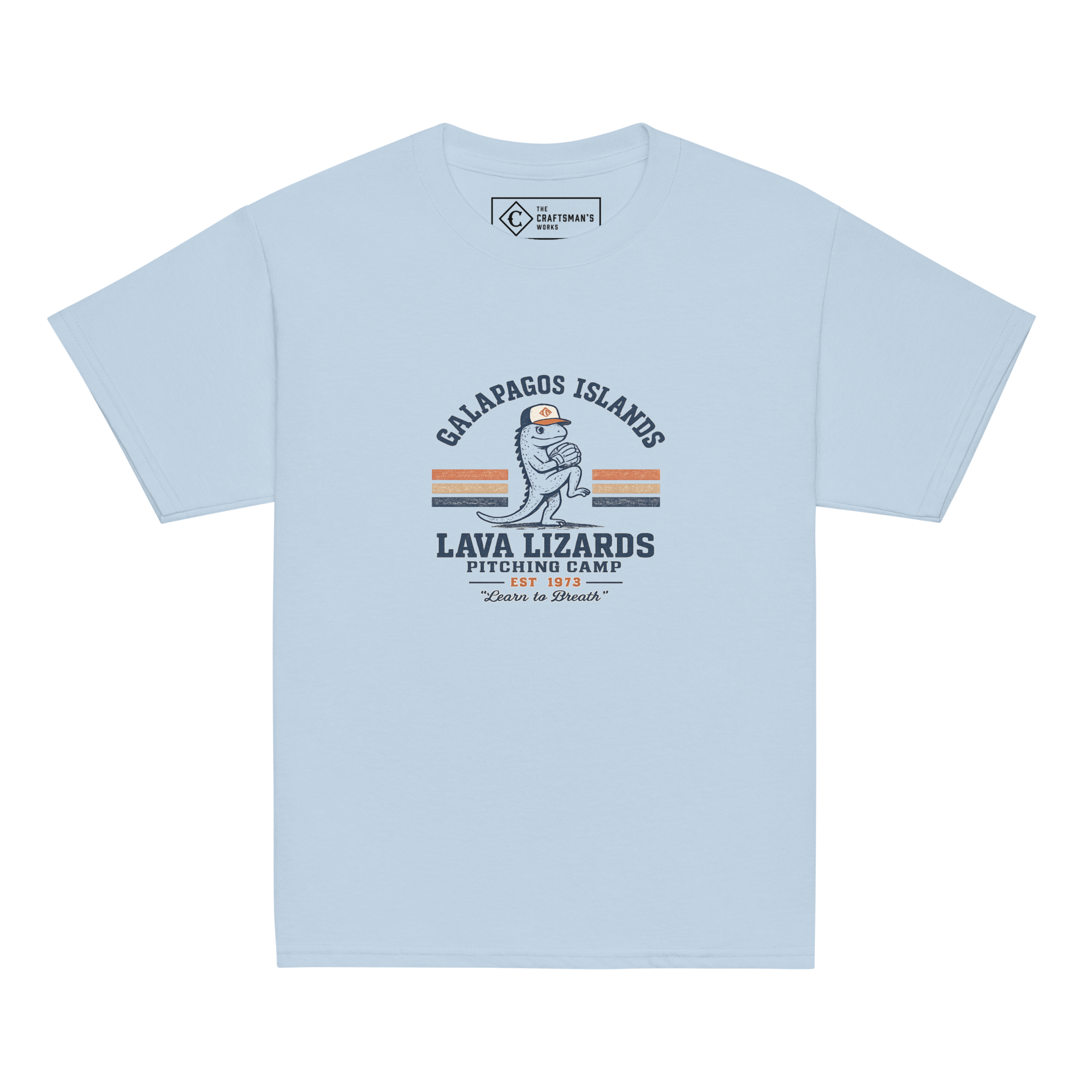 Youth Lava Lizards Pitching Camp baseball shirt in light blue from The Craftsman’s Works