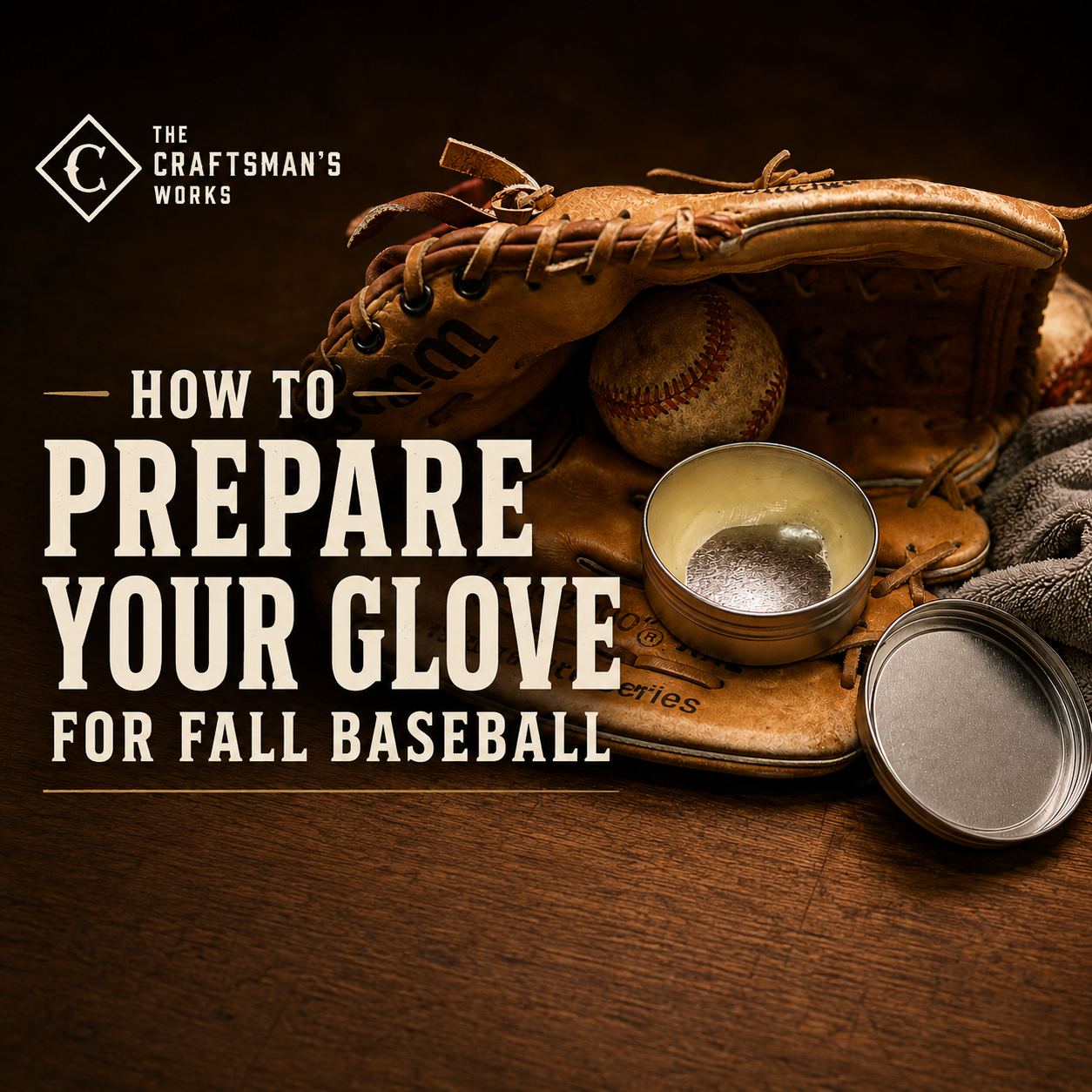 A baseball glove getting ready to be prepped for the fall baseball season.  There are the words, "how to prepare your glove for fall baseball" written across it.