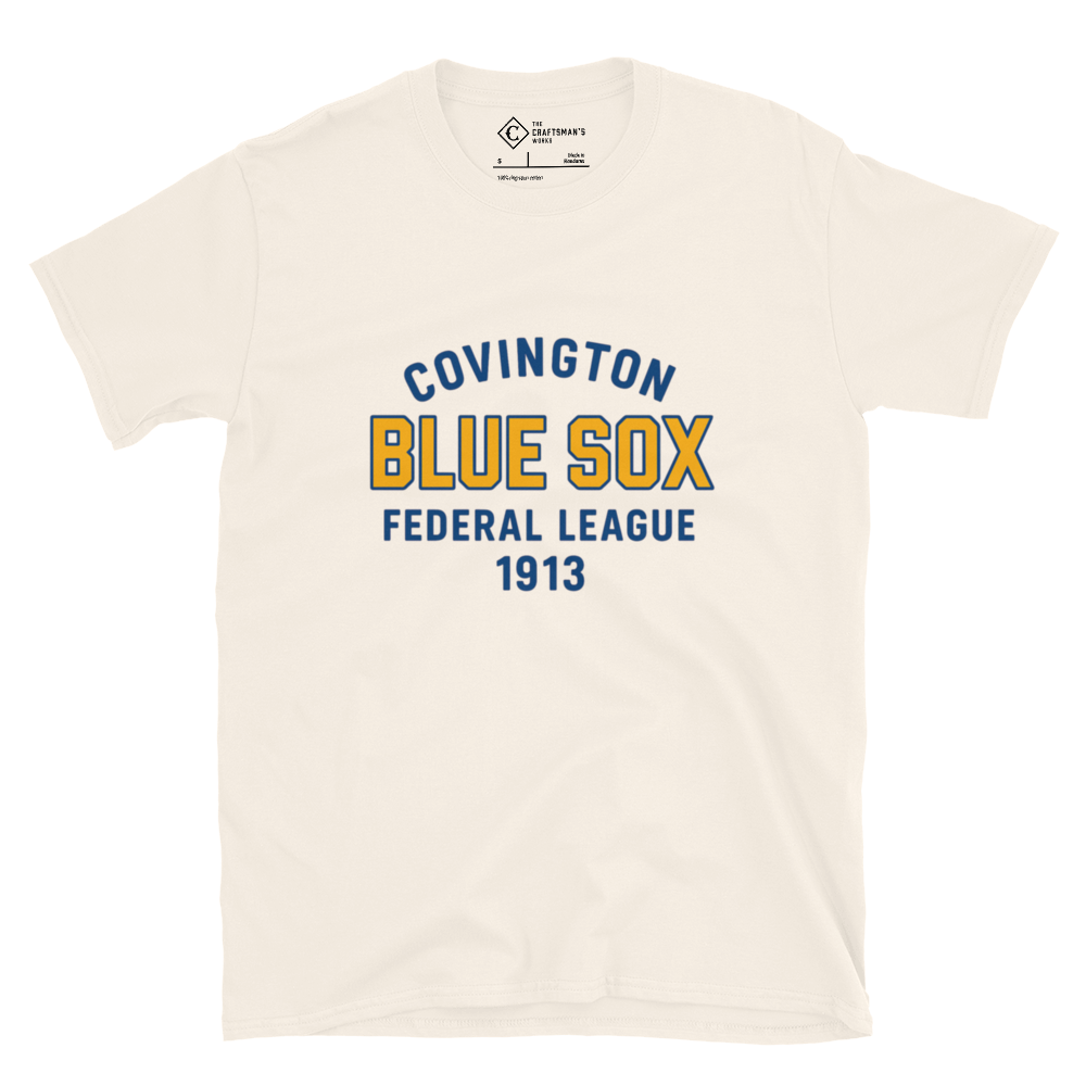 Beige t-shirt with 'Covington Blue Sox Federal League 1913' text on a white background