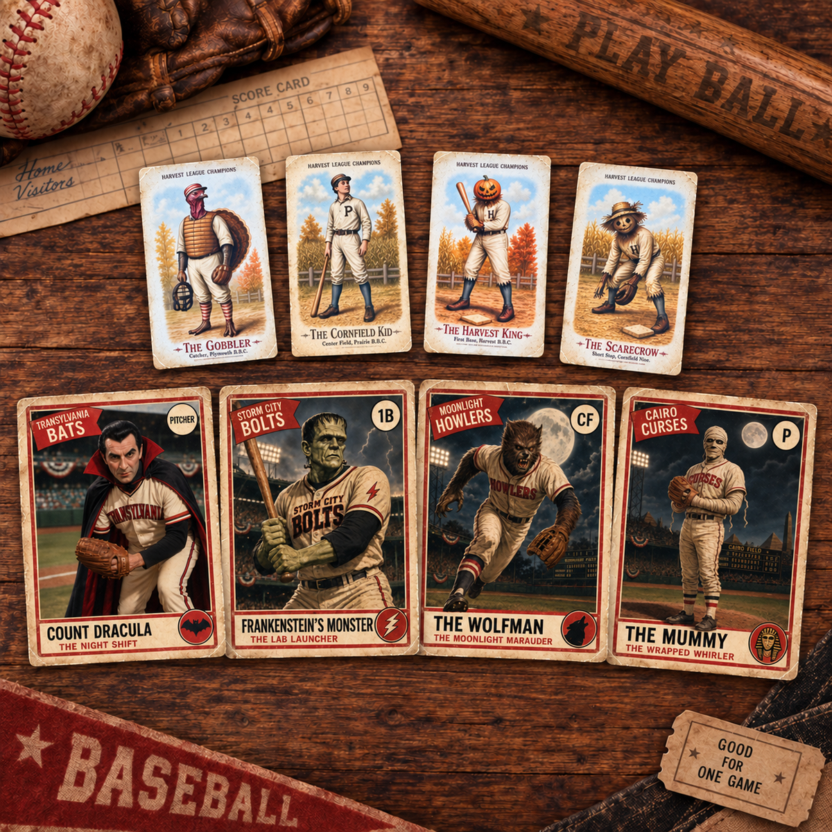 A set of vintage-style baseball trading cards arranged on a wooden tabletop with baseball props, including a bat, baseball, score card, and ticket stub. The cards feature humorous player illustrations such as Count Dracula, Frankenstein's Monster, The Wolfman, and The Mummy.