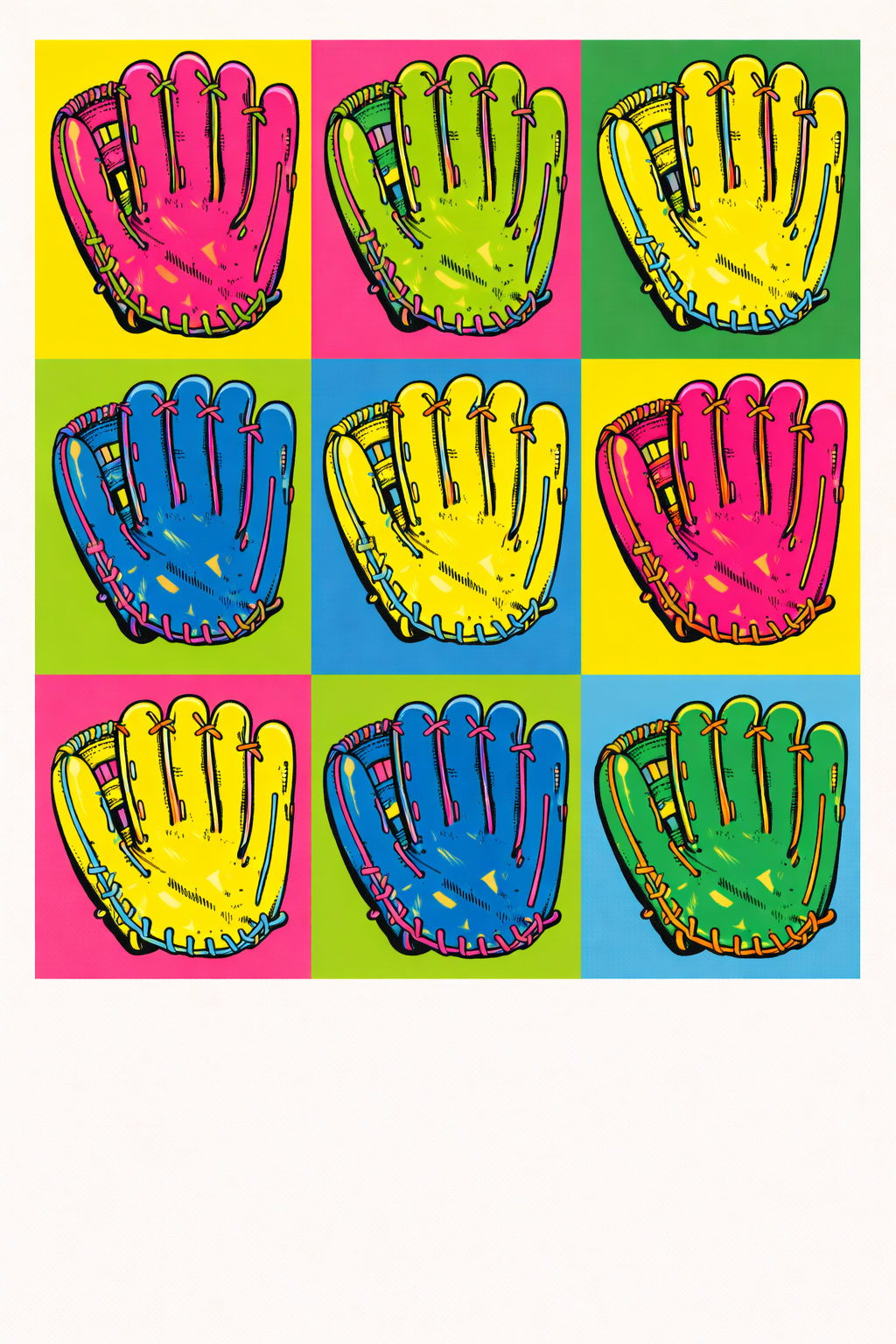 Close-up of baseball glove pop art graphic showing vintage leather details and retro 1960s pop art color treatment