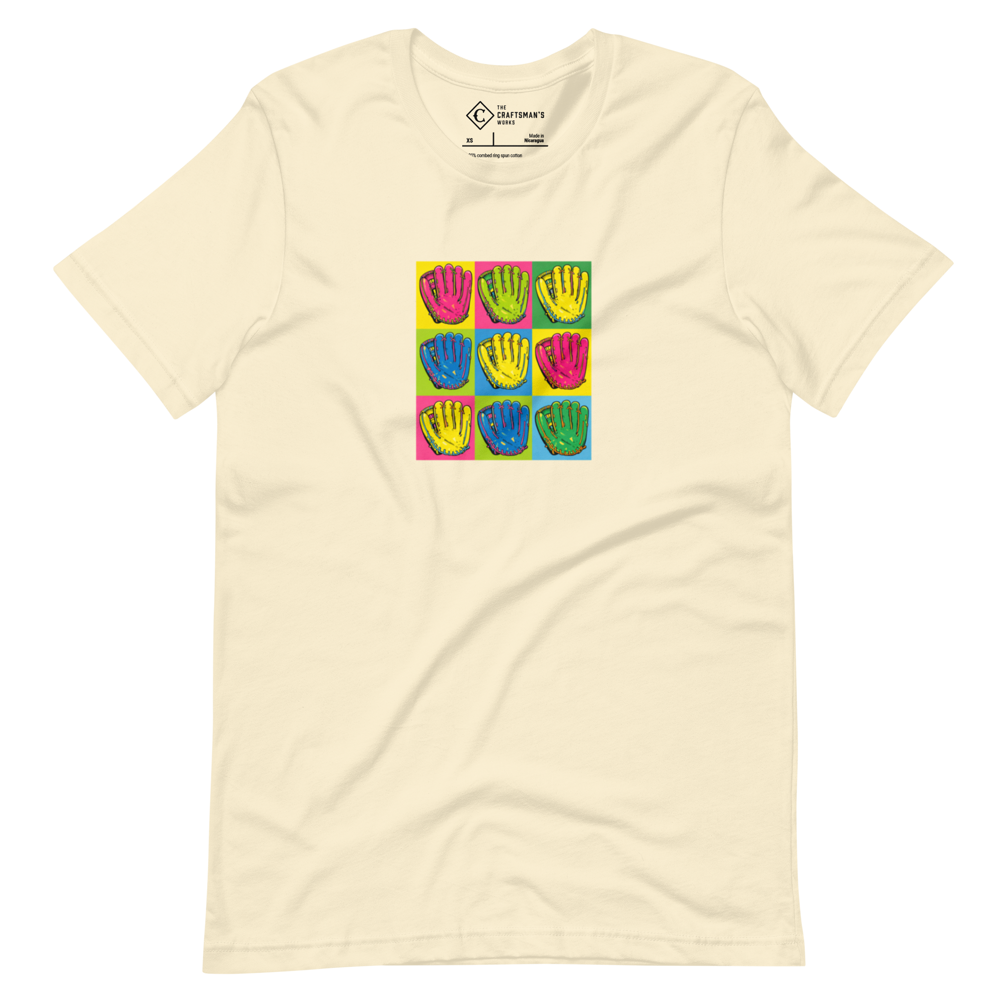 Baseball glove pop art T-shirt featuring a vintage 1960s-style baseball glove illustration in bold pop art colors