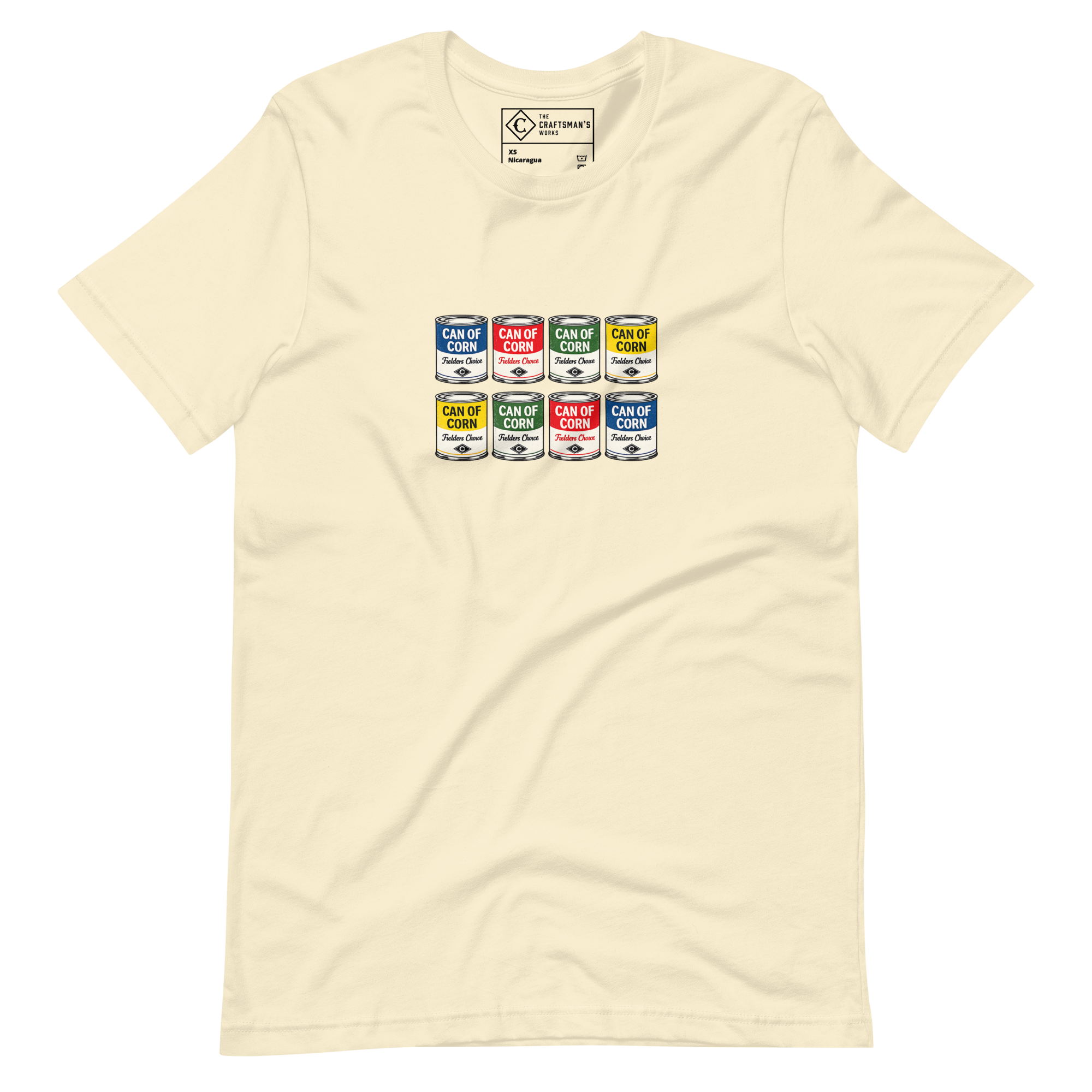 Can of Corn baseball pop art T-shirt featuring a vintage 1960s-style soup can design inspired by classic baseball terminology