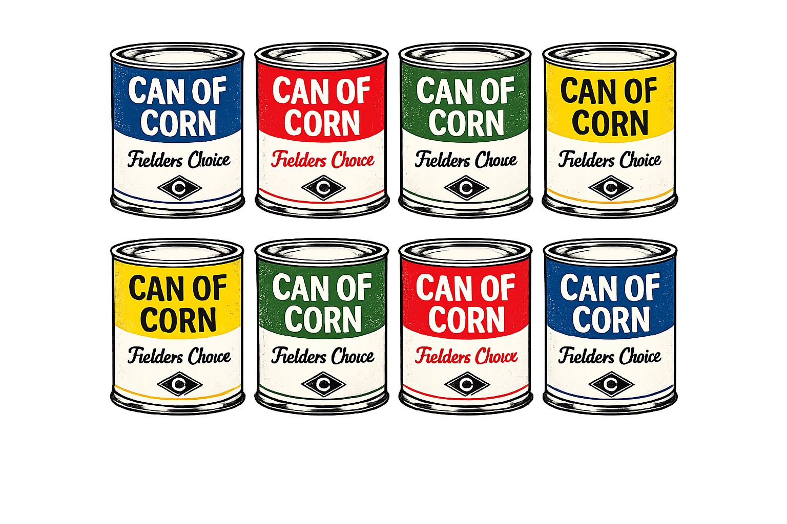 Close-up of Can of Corn baseball pop art graphic showing bold retro colors and vintage baseball-inspired illustration