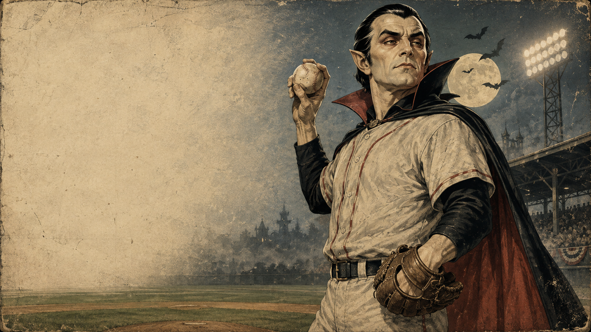 Vintage-style illustrated artwork of a baseball player dressed as a vampire, holding a baseball and wearing a red cape, set at a stadium under a full moon with bats flying.