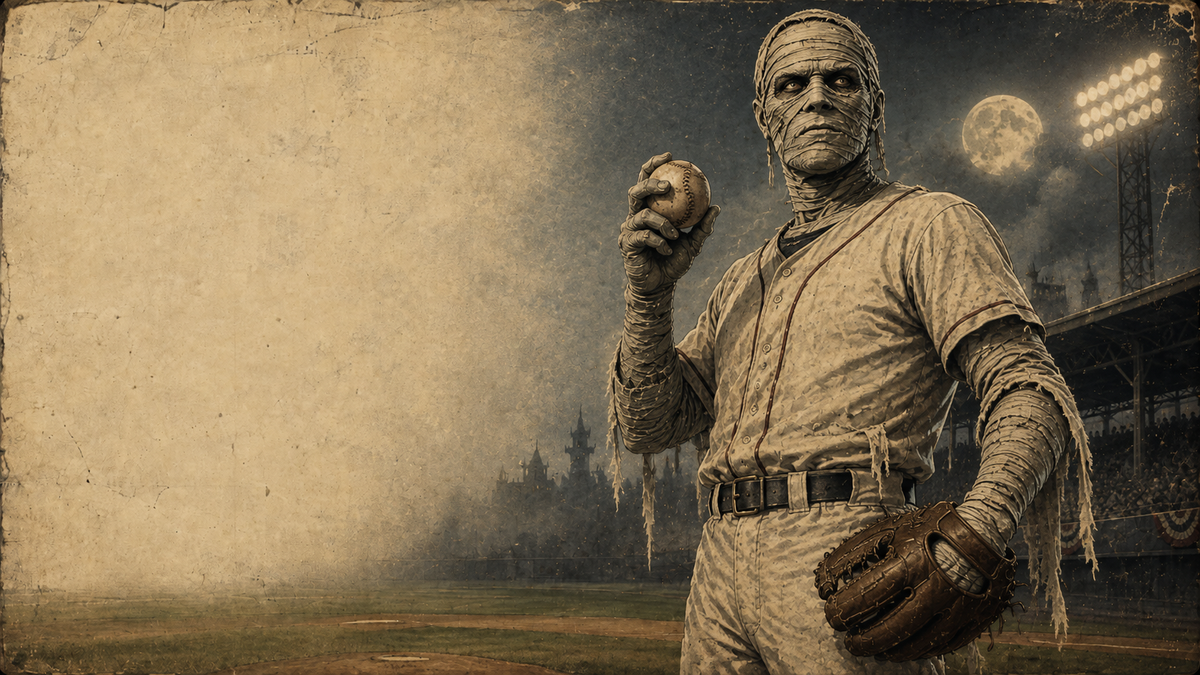 A sepia-toned baseball player in a tattered uniform stands on a field at night, holding a baseball and wearing a glove, with a stadium, moon, and bright lights in the background.
