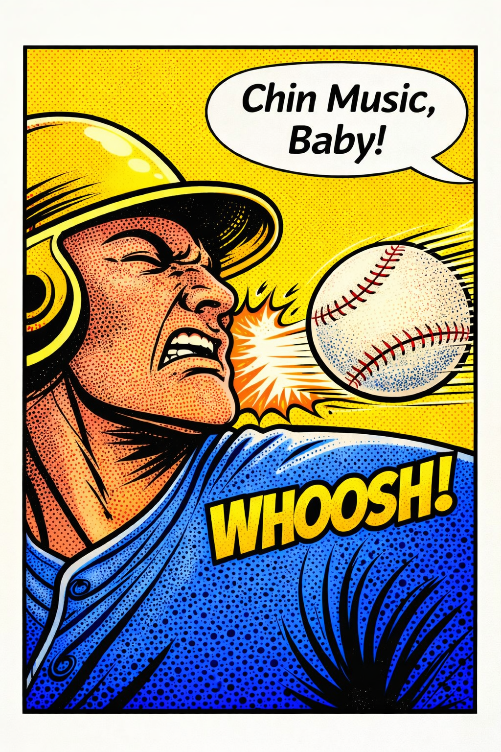 Close-up of Chin Music pop art design showing halftone comic texture and baseball motion lines