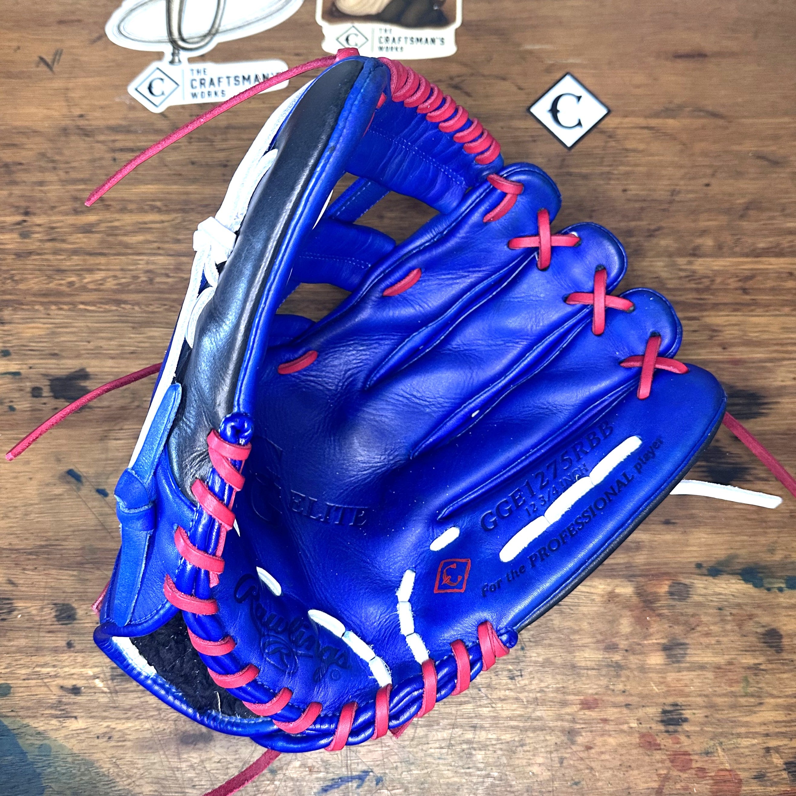 Fanatics Fest Royal custom Rawlings GGE1275RBB 12.75-inch outfield glove restored in royal blue with red and white laces