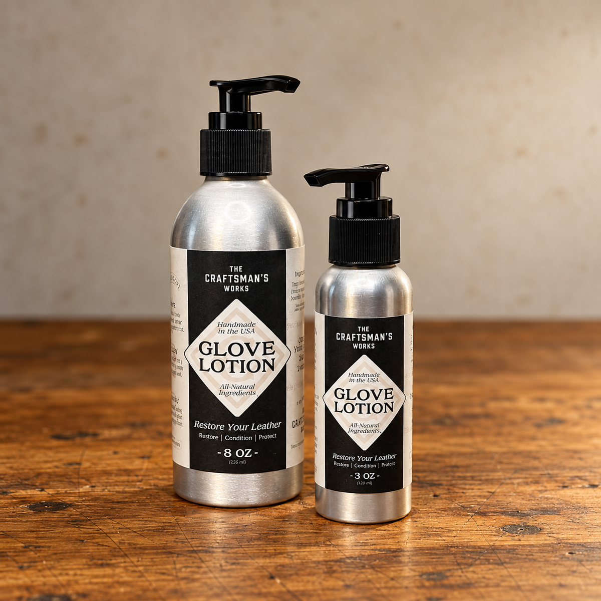 Both bottle sizes of Glove Lotion, a  premium baseball and softball glove conditioner from The Craftsman's Works
