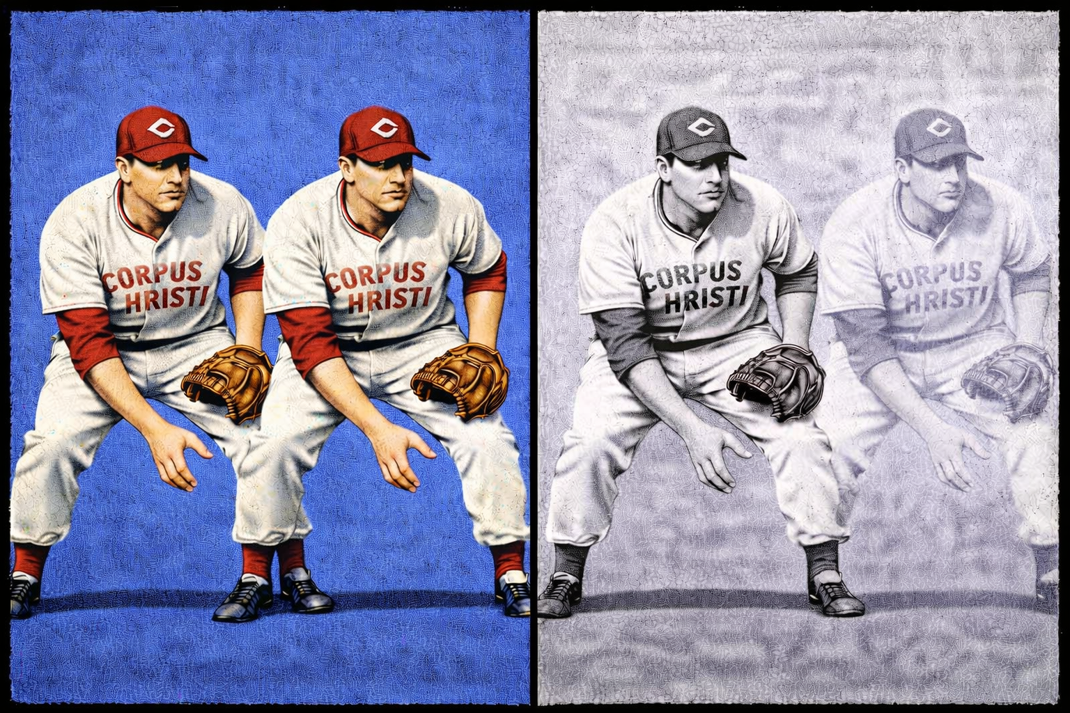 Close-up of Hot Corner pop art baseball design showing a third baseman in a ready stance with vintage pop art texture