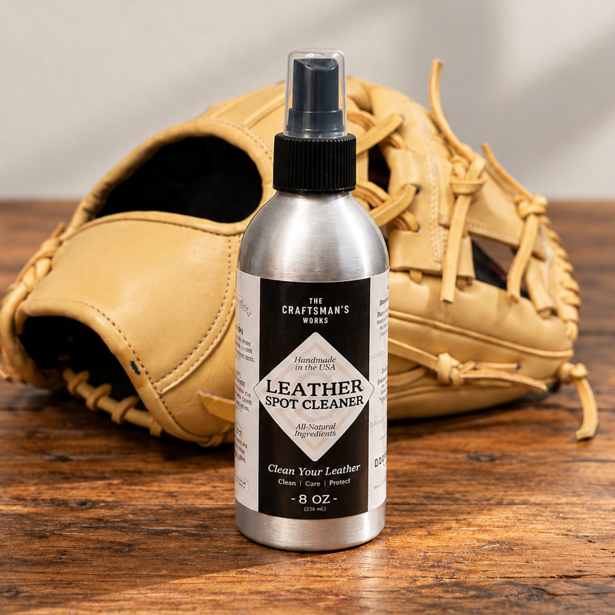 A bottle of The Craftsman's Works Leather Shot Cleaner spray stands on a rustic wooden table in front of a tan leather baseball glove. The spray bottle is silver with a black spray top and a black-and-white label.