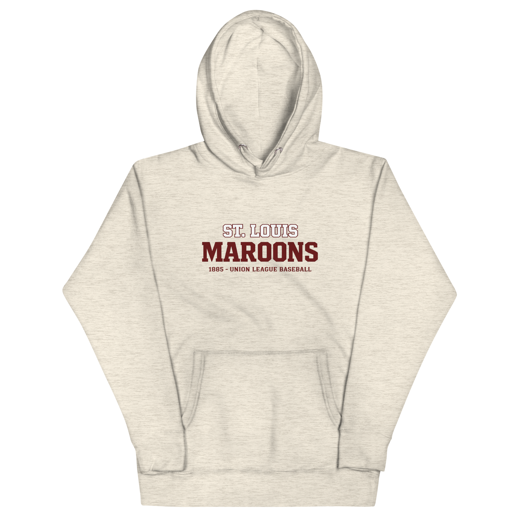 St. Louis Maroons hoodie featuring vintage block lettering design with “St. Louis Maroons 1885 Union League Baseball” printed on a premium Cotton Heritage M2580 sweatshirt in maroon and white, inspired by classic 19th century baseball uniforms
